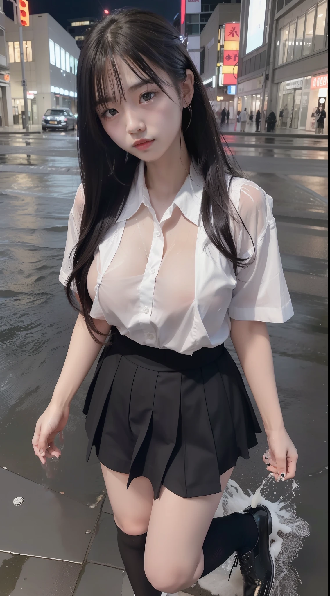 ((Top Quality, 8k, Masterpiece: 1.3)), ((18 years old)), 1 japanese (school girl), Black hair, Very long hair, ((Gigantic huge breast : 1.9)), (Big butt), (white shirt, water soaked into the body) , black tie, black mini skirt, (no naked), tall body, black shoes, in the street, stand, midnight, night, darkness, low lighting, rainy, rain, real rain, full body, look at the viewers