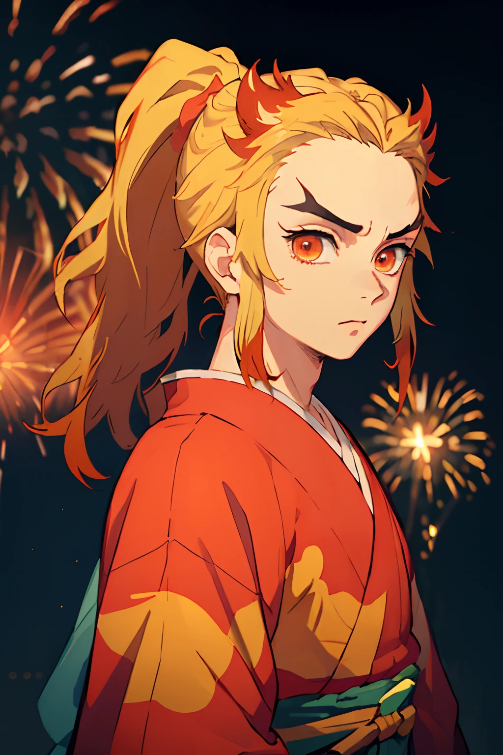 (Masterpiece, Best Quality:1.2), Cowboy shot, 独奏, male focus, 1boy, Rengoku Kyojuro, sadness on the face, looking a viewer,  Long hair, high ponytail, Split eyebrows, red kimono, (((portraite of a))), Fireworks in the background, orange tones