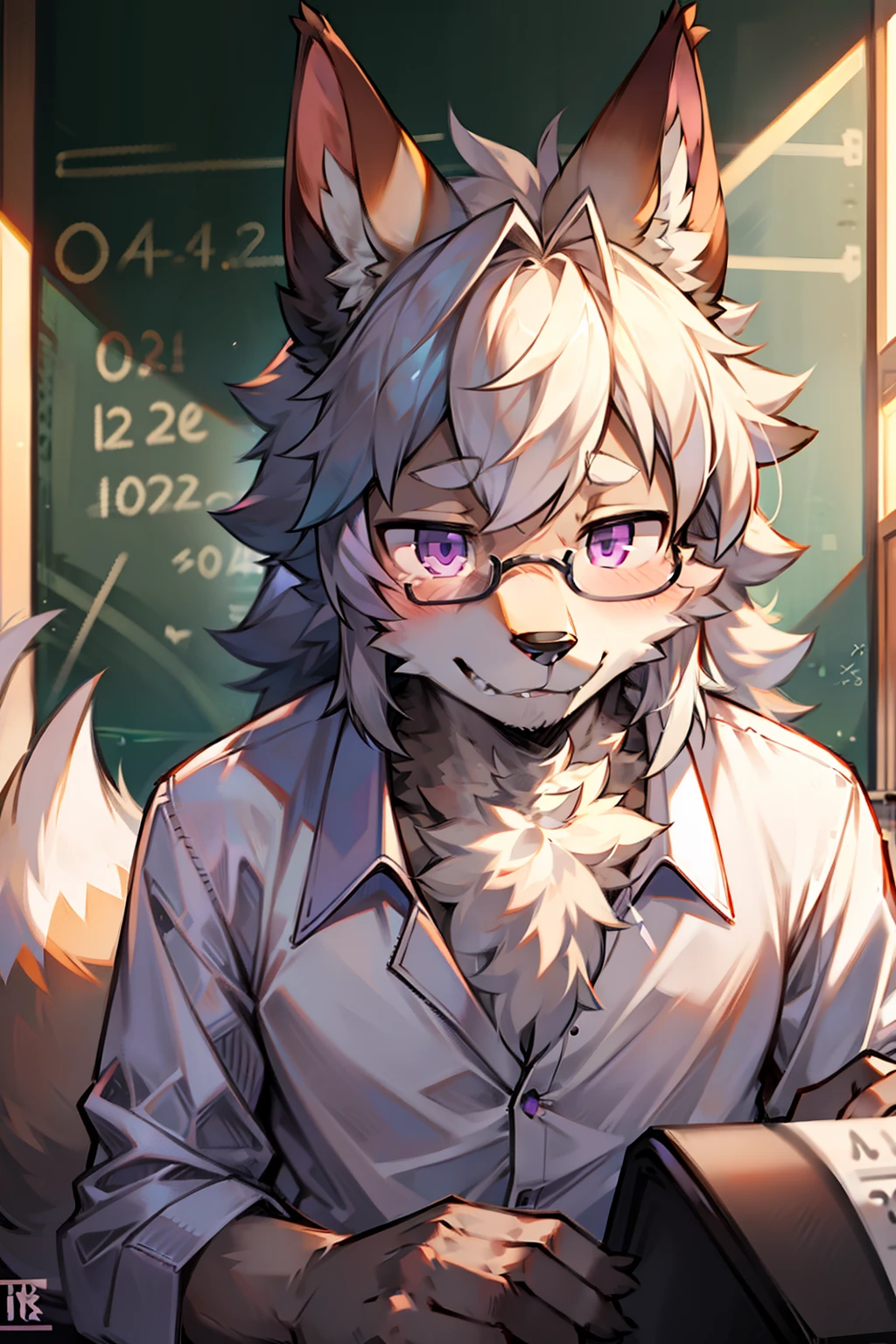 solo person,shaggy male,hairy bodies,shoun,coyote,canid,Gray fur,long white hair,The ends of the hair are purple,Purple eye,Bullied,adolable,Handsome,large tail,full bodyesbian,school ground,at class room,is a male math teacher,Write blackboard words,white shirt,tiese,eye glass