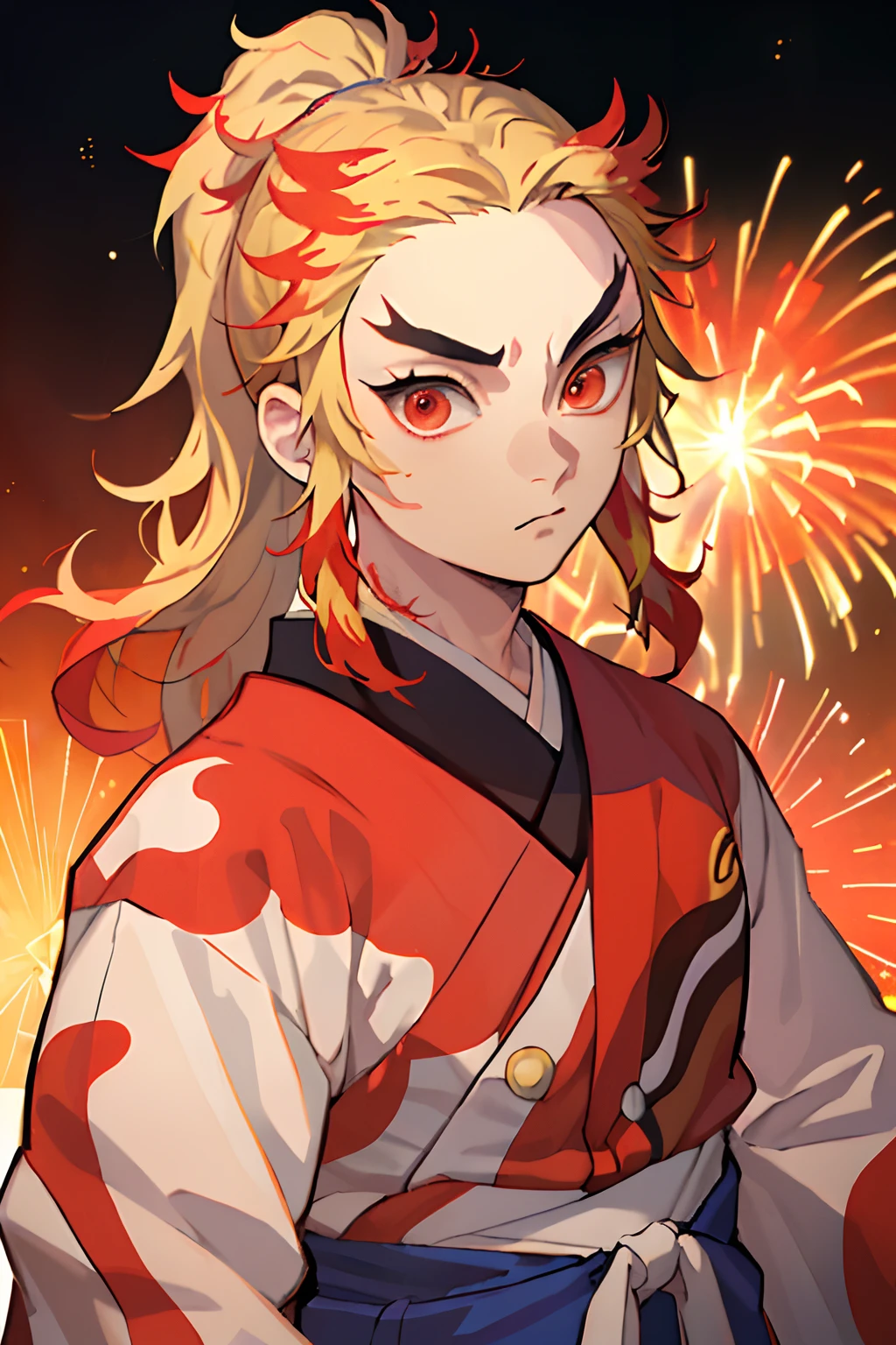 (Masterpiece, Best Quality:1.2), Cowboy shot, 独奏, male focus, 1boy, Rengoku Kyojuro, sadness on the face, looking a viewer,  Long hair, high ponytail, Split eyebrows, red kimono, (((portraite of a))), Fireworks in the background