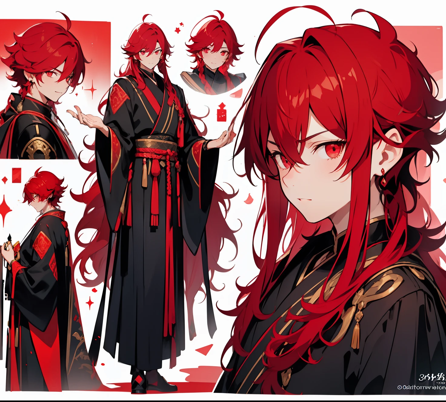 1 boy, red hair, red eyes, noble clothes, red robe, fire background, cold demeanor, charismatic, elegant, HD, high quality,