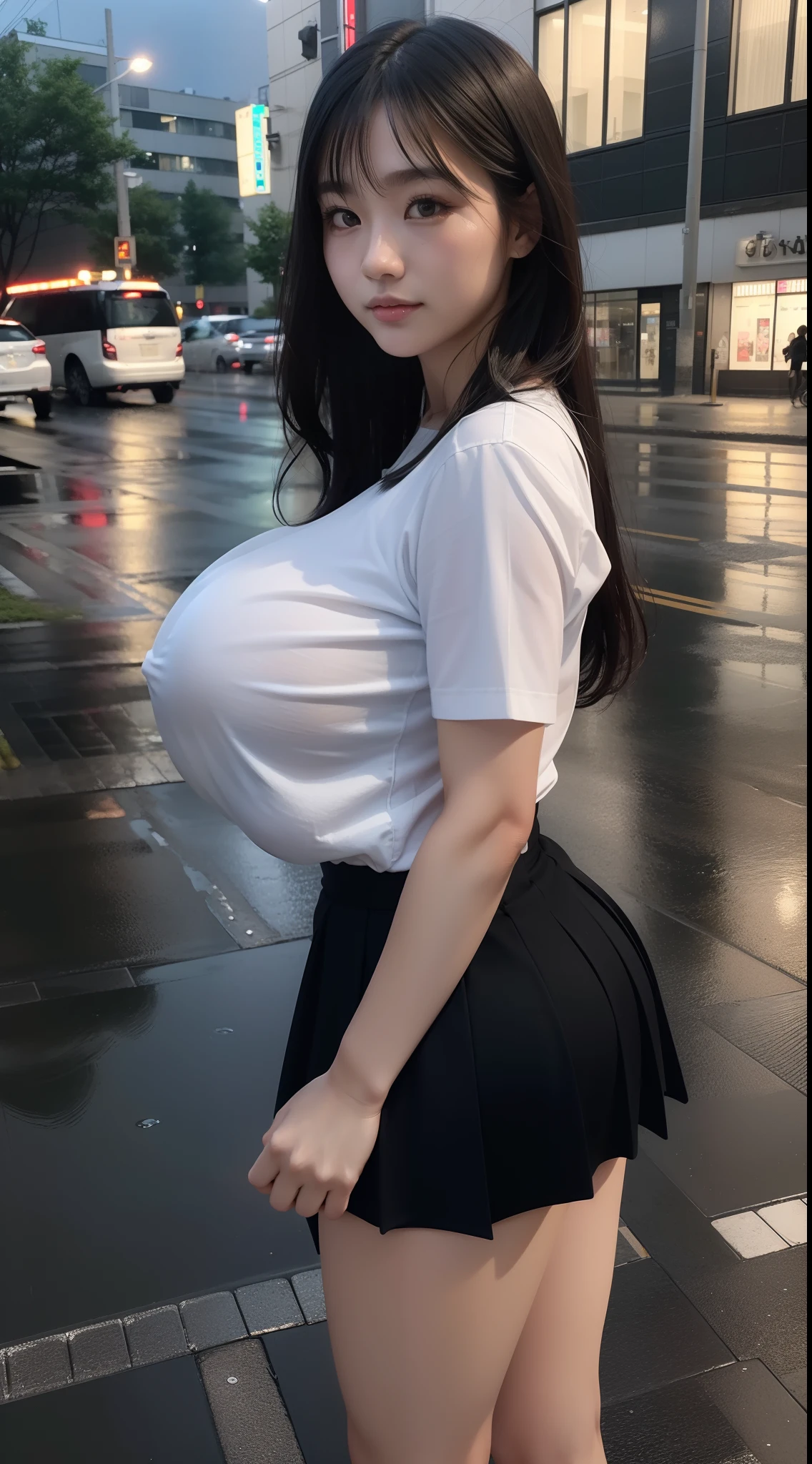 (8K), (High Quality), (Ultra realistic), (High Details), (Face detail), (Shadow Detail), ((19 years old)), 1 japanese (school girl), Black hair, Very long hair, (((Gigantic huge breast : 1.9))), (Big butt), white shirt , black tie, black mini skirt, (no naked), tall body, black shoes, in the street, stand, midnight, night, darkness, low lighting, rainy, rain, real rain, full body, look at the viewers