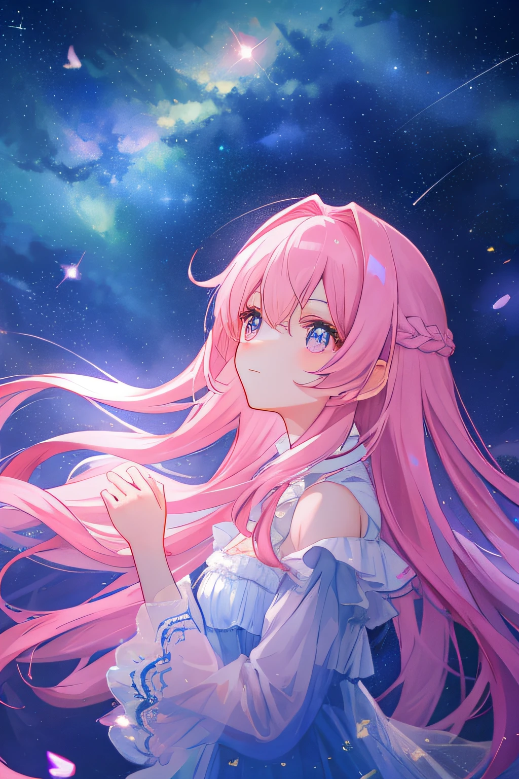 under the starry night sky，Meteors streak across，A beautiful girl looks up at the stars，Pink Long Hair，[，8K，Cleavage is seductive，Misty，（rays of moonlight），cutecolors，eyes with brightness]There are fireflies
