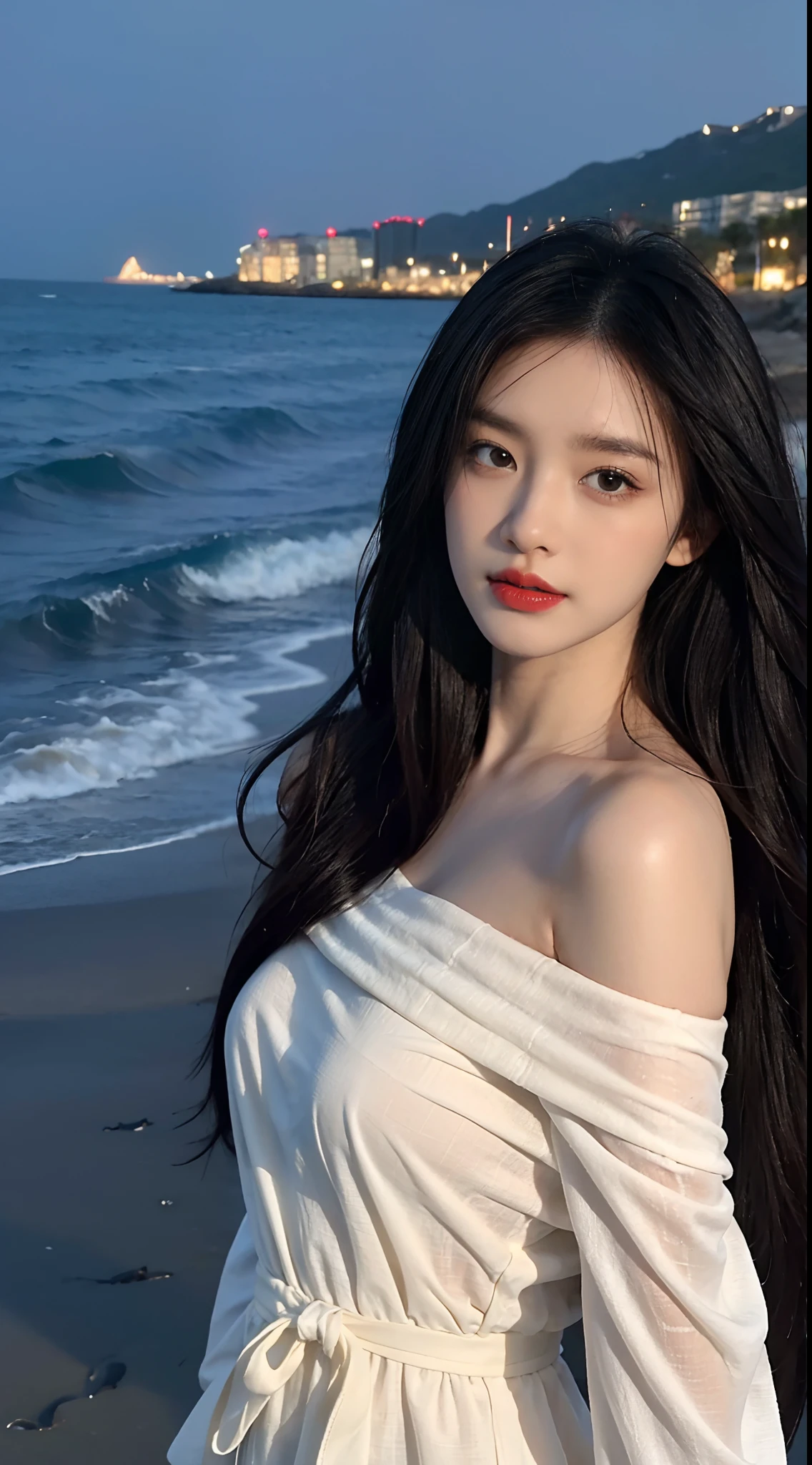 ,High picture quality,Works of masters,Kizi,Black hair,Long hair shawl,Long hair flowing over the shoulders,cropped shoulders,鎖骨,exquisite face,Hydrated red lips,white off shoulder dress clothes,鎖骨,facing at camera,A sad expression,Bust,Real Persono,(the sea,sandbeach),CG rendering,16k,Stand up,The night view was beautiful,Sad parting,hyper HD,The details were perfect,The picture is real,extreme picture quality,Perfect character structure,super wide shot,dynamic angle,Highest accuracy,8K分辨率,Shades of darkness,8k ,Ultra HD,8K