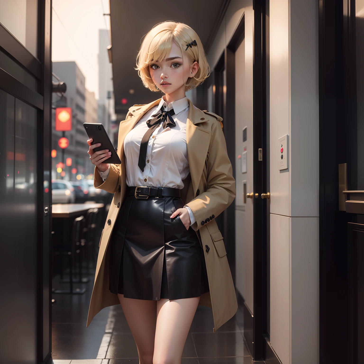 1girl, blonde hair, short hair, brown coat, detective outfit, white shirt, skirt, green hairpin, (hairpin on right hair), black tie, full body, bring handphone