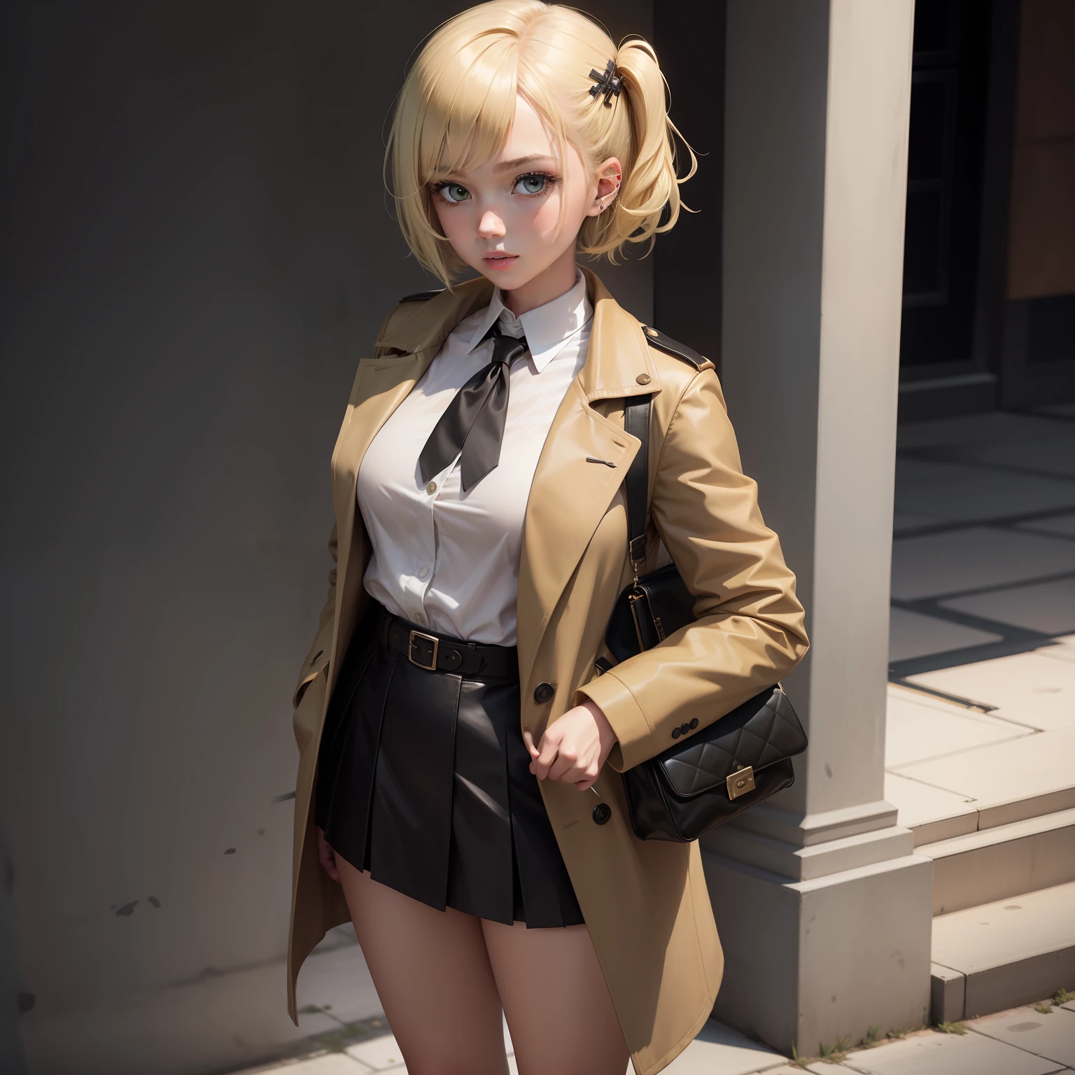 1girl, blonde hair, short hair, brown coat, detective outfit, white shirt, skirt, green hairpin, (hairpin on right hair), black tie, full body, bring handphone