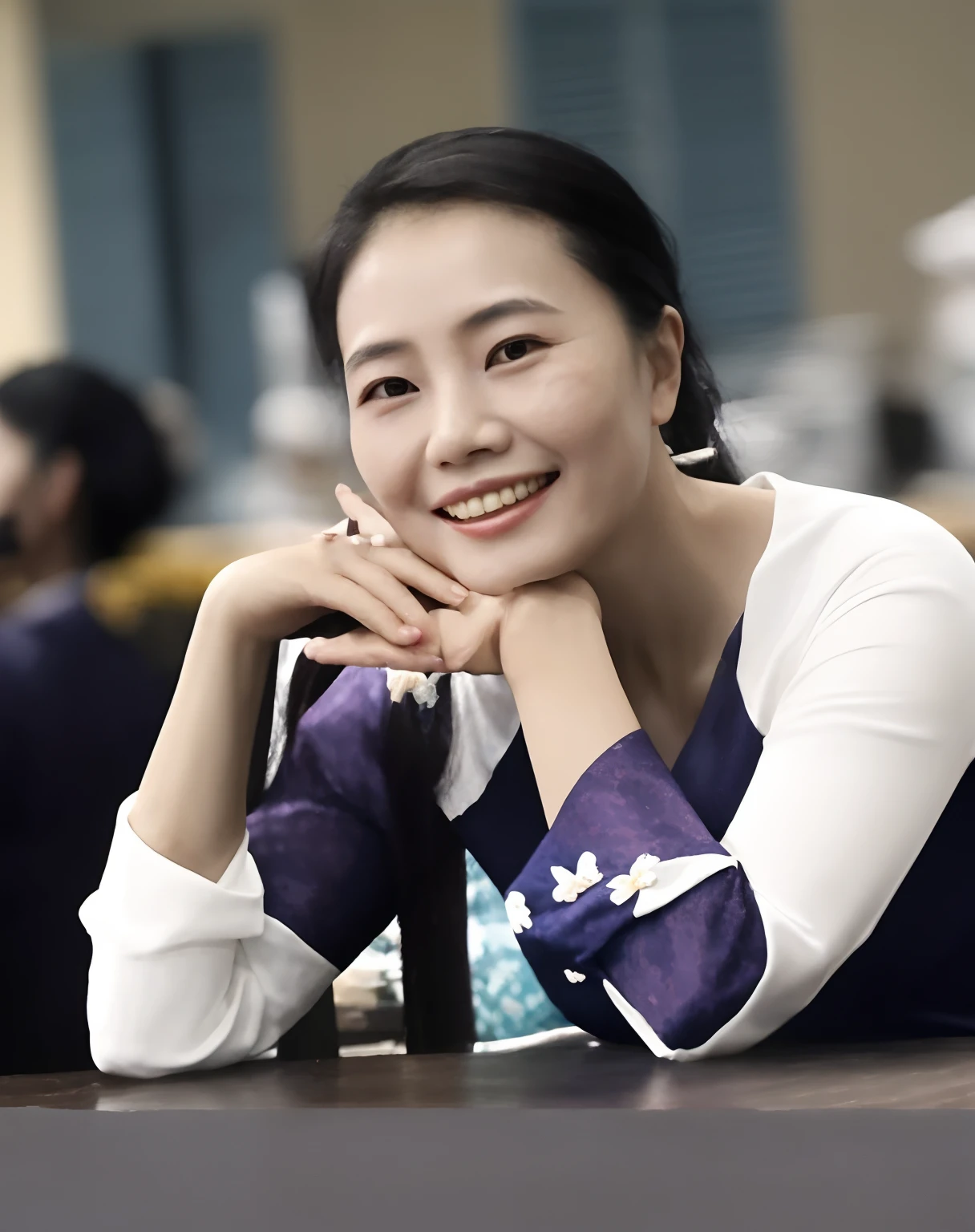 smiling woman sitting at a table with her hand on her chin, mai anh tran, dang my linh, hoang lap, in style of lam manh, by Ruth Jên, photo portrait, hoang long ly, vietnamese woman, nivanh chanthara, inspired by Ruth Jên, profile portrait, phuoc quan, portrait picture