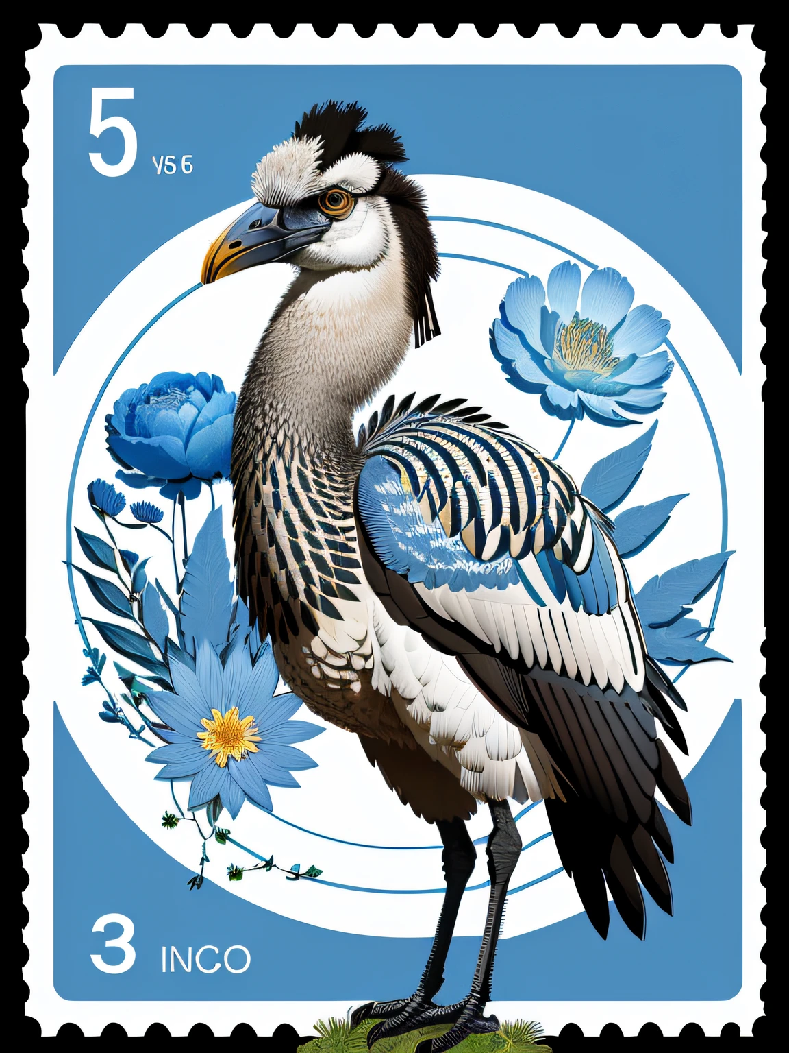 Postage stamp,emu australia,floral,blue tone,vector,no text --v 5.2 --ar 3:4 --s 750