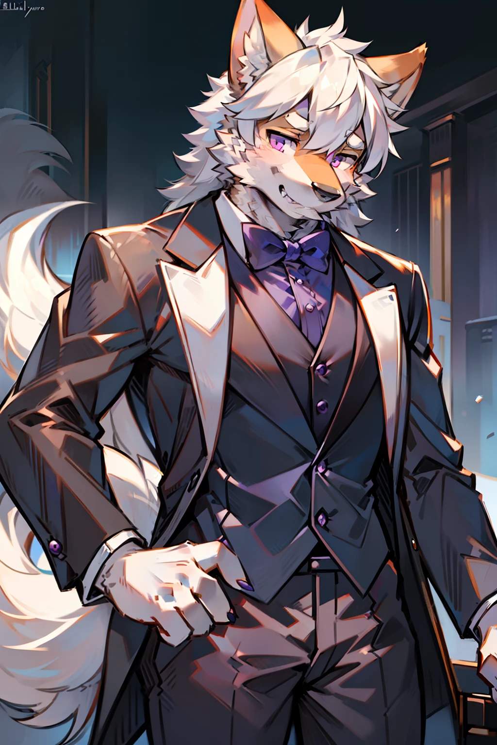 solo person，shaggy male，hairy bodies，shoun，coyote，canid，Gray fur，long  white hair，The ends of the hair are purple，Purple eye，Bullied，adolable，Handsome，large tail，full bodyesbian，Play the piano，Tuxedo suit，ellegance