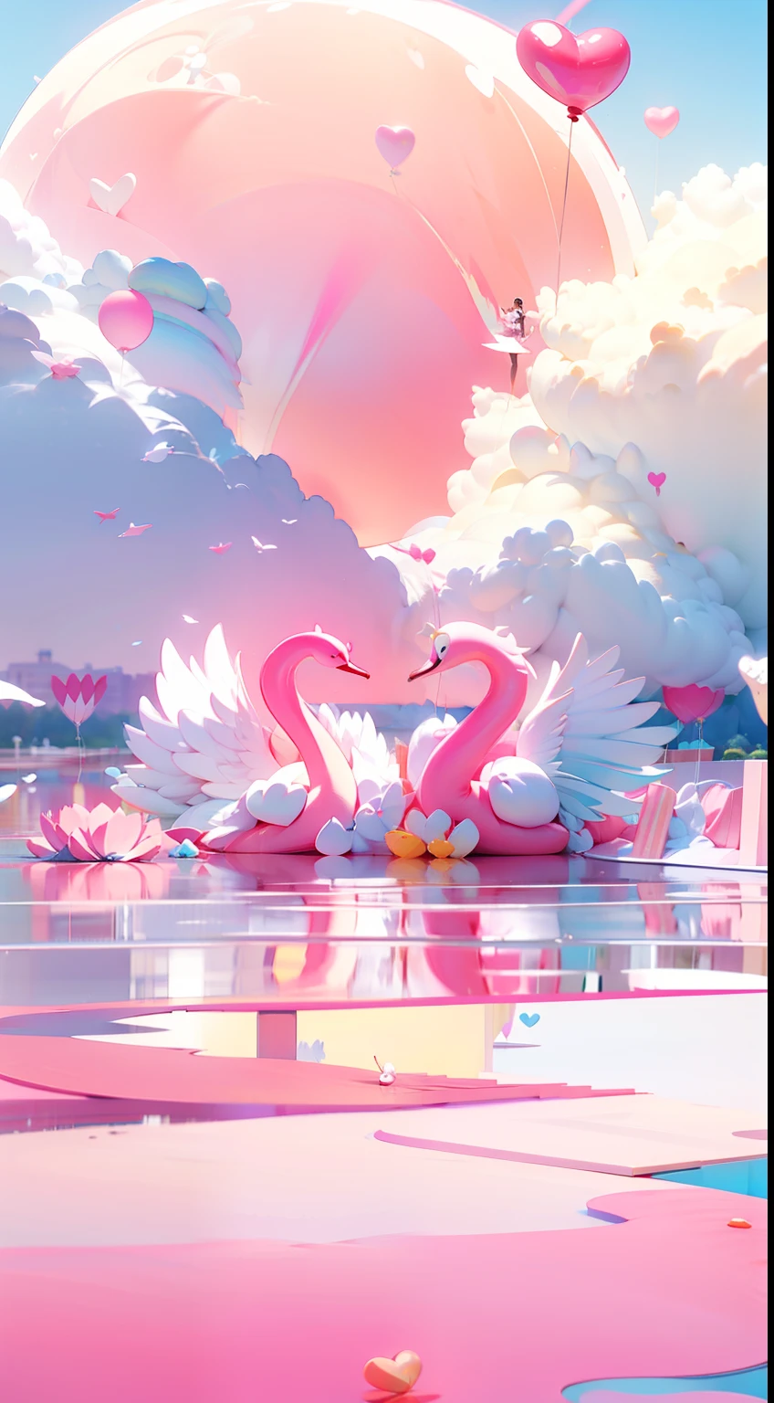 Anime scenery of pink swans floating in a lake with pink heart-shaped balloons, concept art of love, 3 d render beeple, trending on cgstation, 3 d render stylized, artem demura beeple, Beautiful digital artwork, recusion beeple, trending on artstation 4k, 🌺 CGSesociety