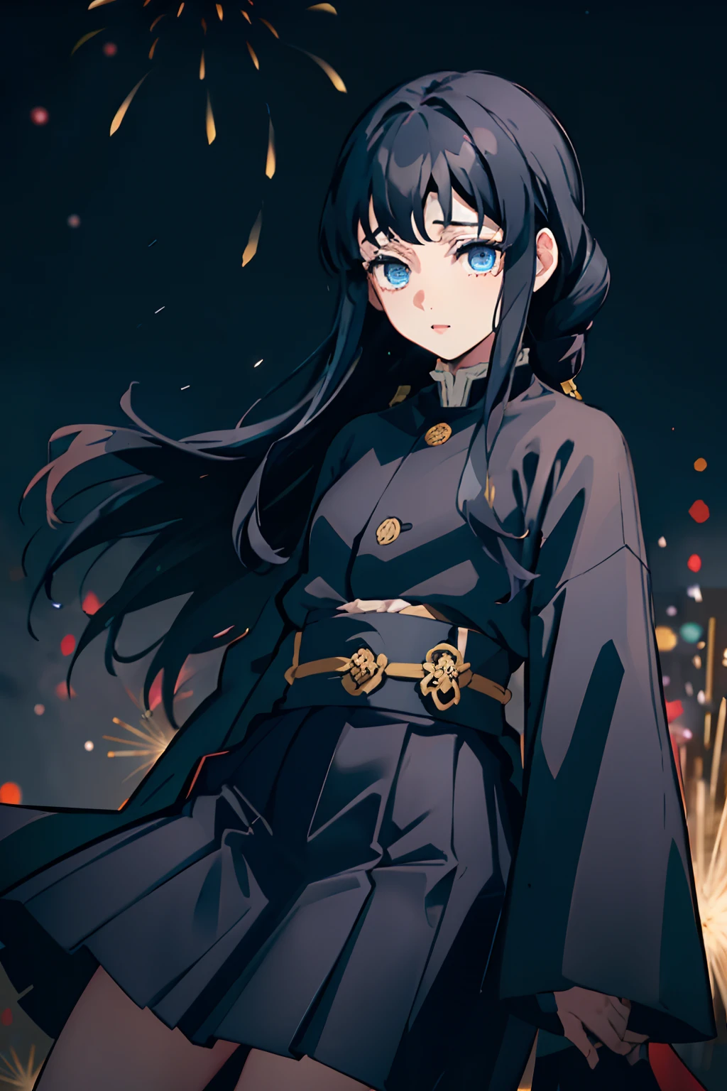 Kimetsu no Yaiba style, 1girl, Medium curly hair,  Sloppy hair, navy blue hair, Two curly strands in front, Bangs, blue eyes,  japanese clothes, ((Open black coat)), ((white hem at the waist)), (((Very short skirt))), 独奏,  ((portraite of a)), ((Masterpiece)), (((hiquality))), (((upper-body))), festival, the night, Fireworks