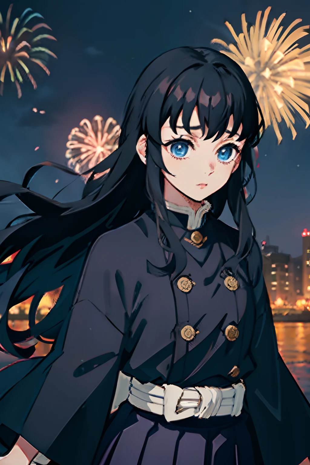 Kimetsu no Yaiba style, 1girl, Medium curly hair,  Sloppy hair, navy blue hair, Two curly strands in front, Bangs, blue eyes,  japanese clothes, ((Open black coat)), ((white hem at the waist)), (((Very short skirt))), 独奏,  ((portraite of a)), ((Masterpiece)), (((hiquality))), (((upper-body))), festival, the night, Fireworks