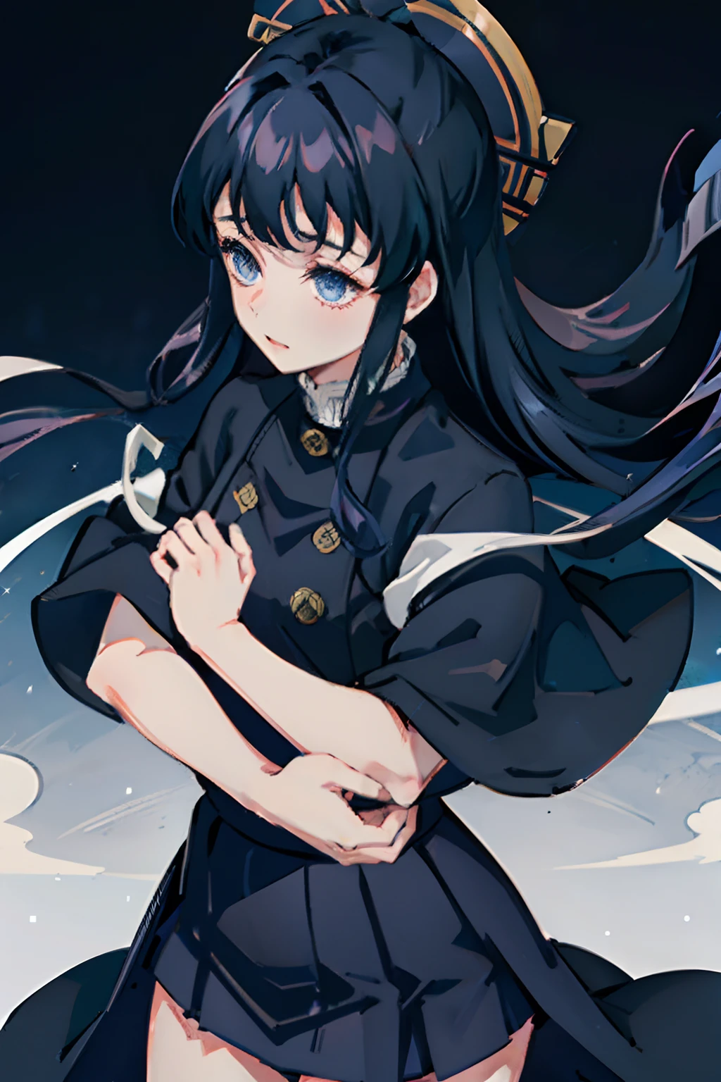 Kimetsu no Yaiba style, 1girl, Medium curly hair,  Sloppy hair, navy blue hair, Two curly strands in front, Bangs, blue eyes,  japanese clothes, ((Open black coat)), ((white hem at the waist)), (((Very short skirt))), 独奏,  ((portraite of a)), ((Masterpiece)), (((hiquality))), (((upper-body))), festival, At the counters, the night