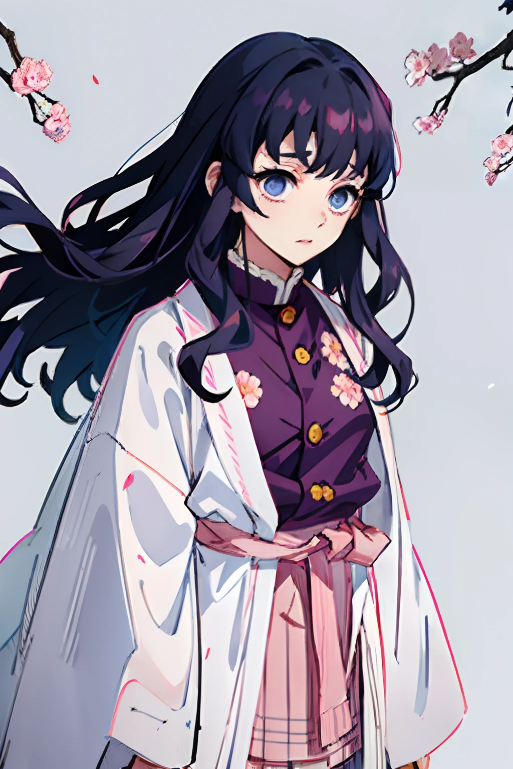 Kimetsu no Yaiba style, 1girl, Medium curly hair,  Sloppy hair, navy blue hair, Two curly strands in front, Bangs, blue eyes,  japanese clothes, ((Open white coat in a pink check)), ((pink hem at the waist)), short skirt, 独奏,  ((portraite of a)), ((Masterpiece)), (((hiquality))), (((upper-body))), Dark forest in the background, Red Moon in the background, Floral hairpin in hair, full length