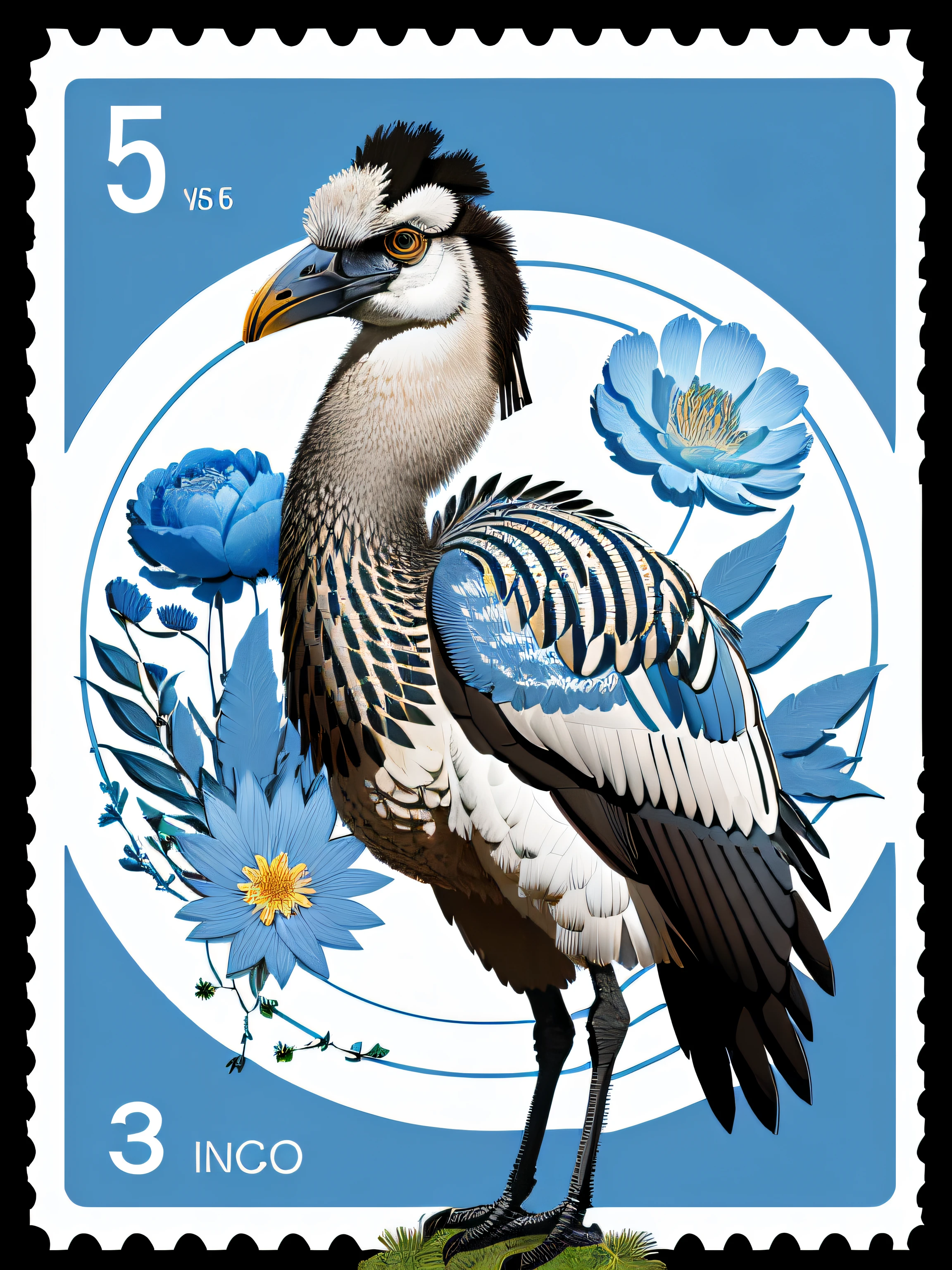 Postage stamp,emu australia,floral,blue tone,vector,no text --v 5.2 --ar 3:4 --s 750