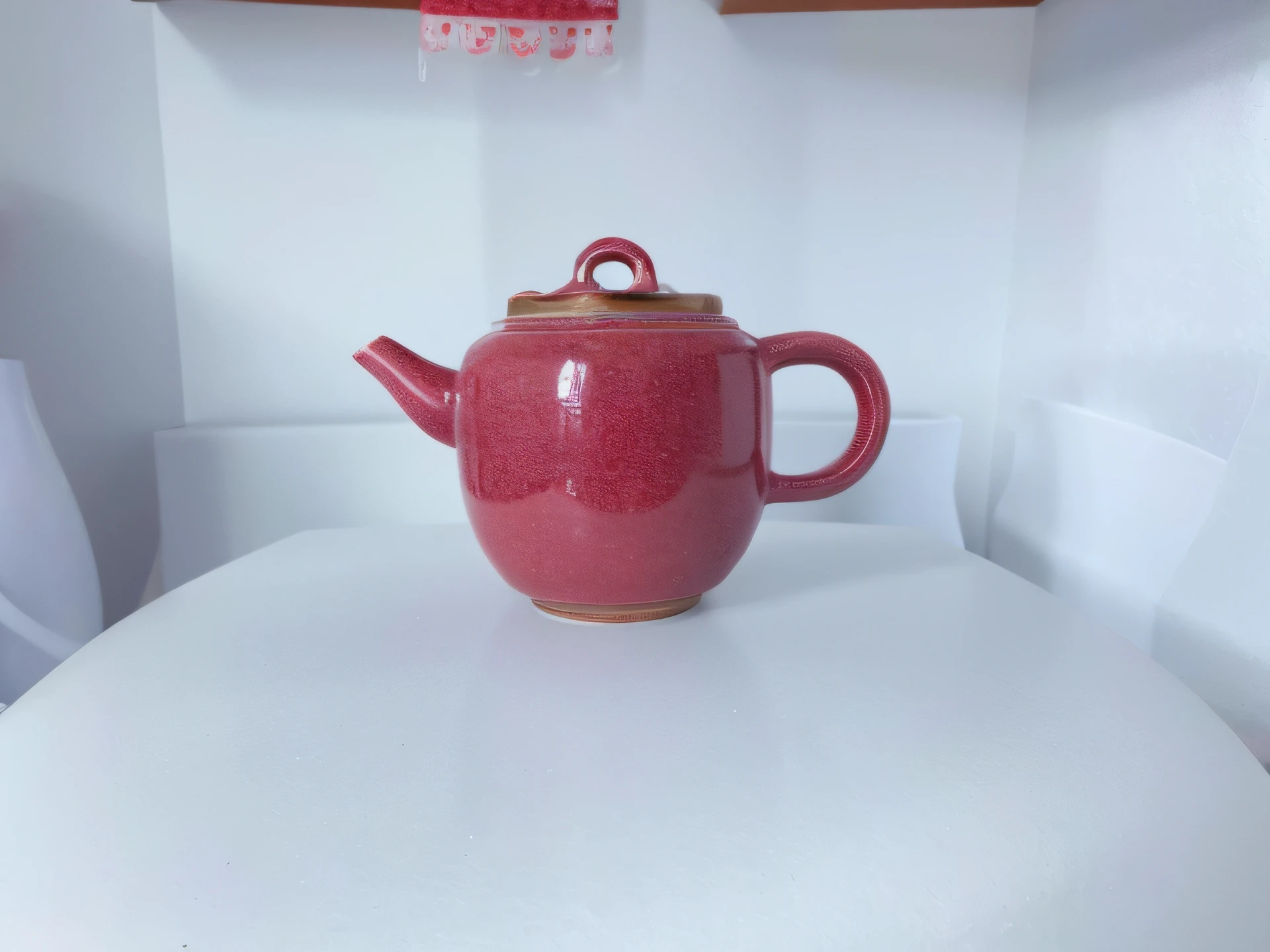 On the white table sits a red teapot, teapot : 1, teapot, pot, teapot, handmade pottery, added detail, a wide full shot, Full front view, Tea, author:Jens Sendergaard, full subject shown in photo, ceramic pot, kettle, Full view, taken with sony alpha 9, front footage, Neat and clean background:1.2,Layered shadows,Virtual renderer,blender,Still life realism,