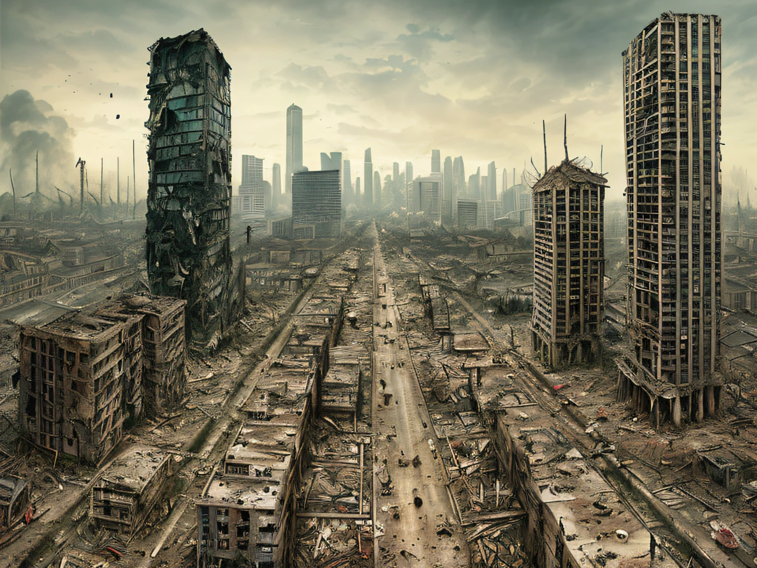Urban destruction,destroyed city,destroyed city in background,Doomsday scenario,apocalyptic city,car wrecks, The right proportions,Abandoned, Collapsed high-rise buildings, com cores neutras,(Intricate details, ultra - detailed:1.2), cinema shot, movie illustration, the complex background, com cores neutras,cinema shot,cinmatic lighting,