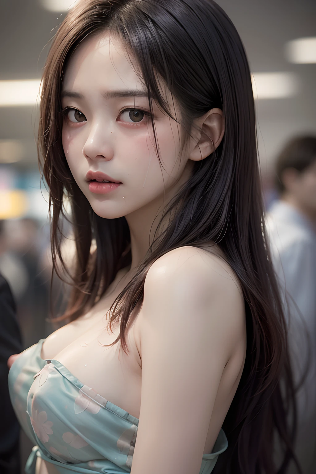 (best quality), (masterpiece), (highres), original, extremely detailed 8K wallpaper, (an extremely delicate), Best quality, masterpiece, (((disgusted and unhappy expression))), (((disgusted face, unhappy face))), ultra high res, (photorealistic:1.4), raw photo, street photography, photo of a Taiwanese young girl, She play with her own breasts, sweat, sweaty body, (sheer fabric:1.25)(loose:1.0)lace strapless dress, (((medium)saggy breasts)), (bare breasts), (((erect nipple))), ((areolas)), (Korean(kpop idol)), ((puffy eyes)), deep shadow, low key, cold light, deep contrast, bokeh, depth of field, below angle, low angle, (looking at viewer, softly smiling), a photo of a inside a subway, neoism, background crowds, people in backgrounds, ((upper body)), ((straight photo)), exposure blend, medium shot, bokeh, (hdr:1.4), high contrast, (cinematic, teal and orange:0.85), (muted colors, soothing tones:1.3), low saturation, (hyperdetailed:1.2), (nsfw:1.07),