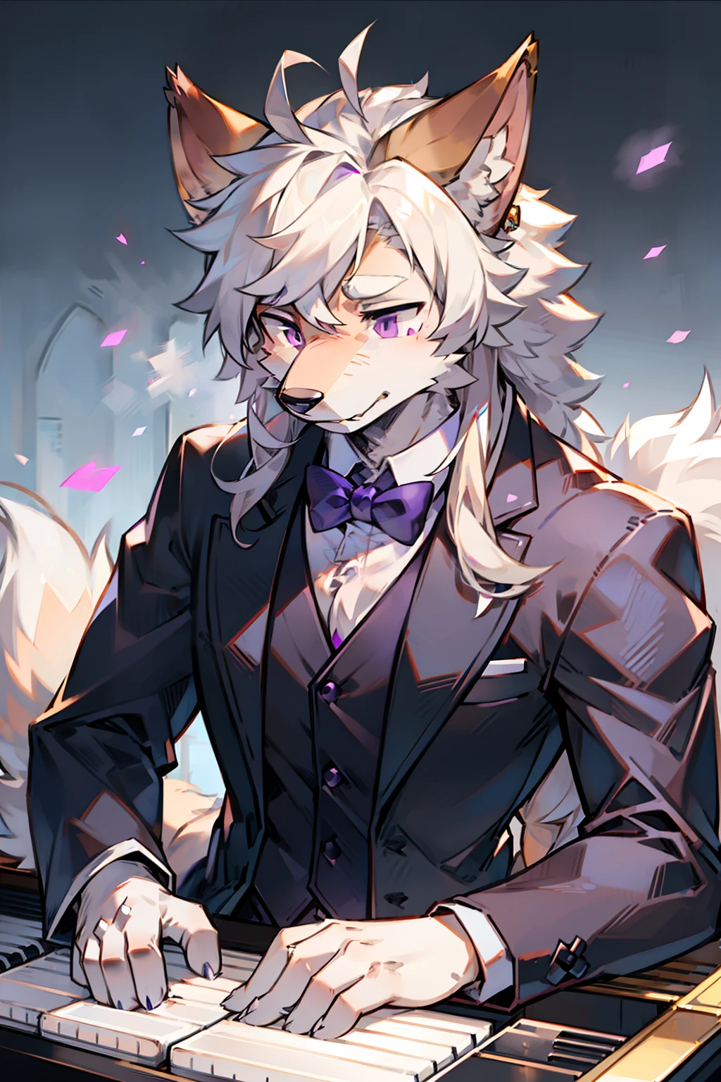 solo person,shaggy male,hairy bodies,shoun,coyote,canid,Gray fur,long white hair,The ends of the hair are purple,Purple eye,Bullied,adolable,Handsome,large tail,full bodyesbian,Play the piano,Tuxedo suit,ellegance