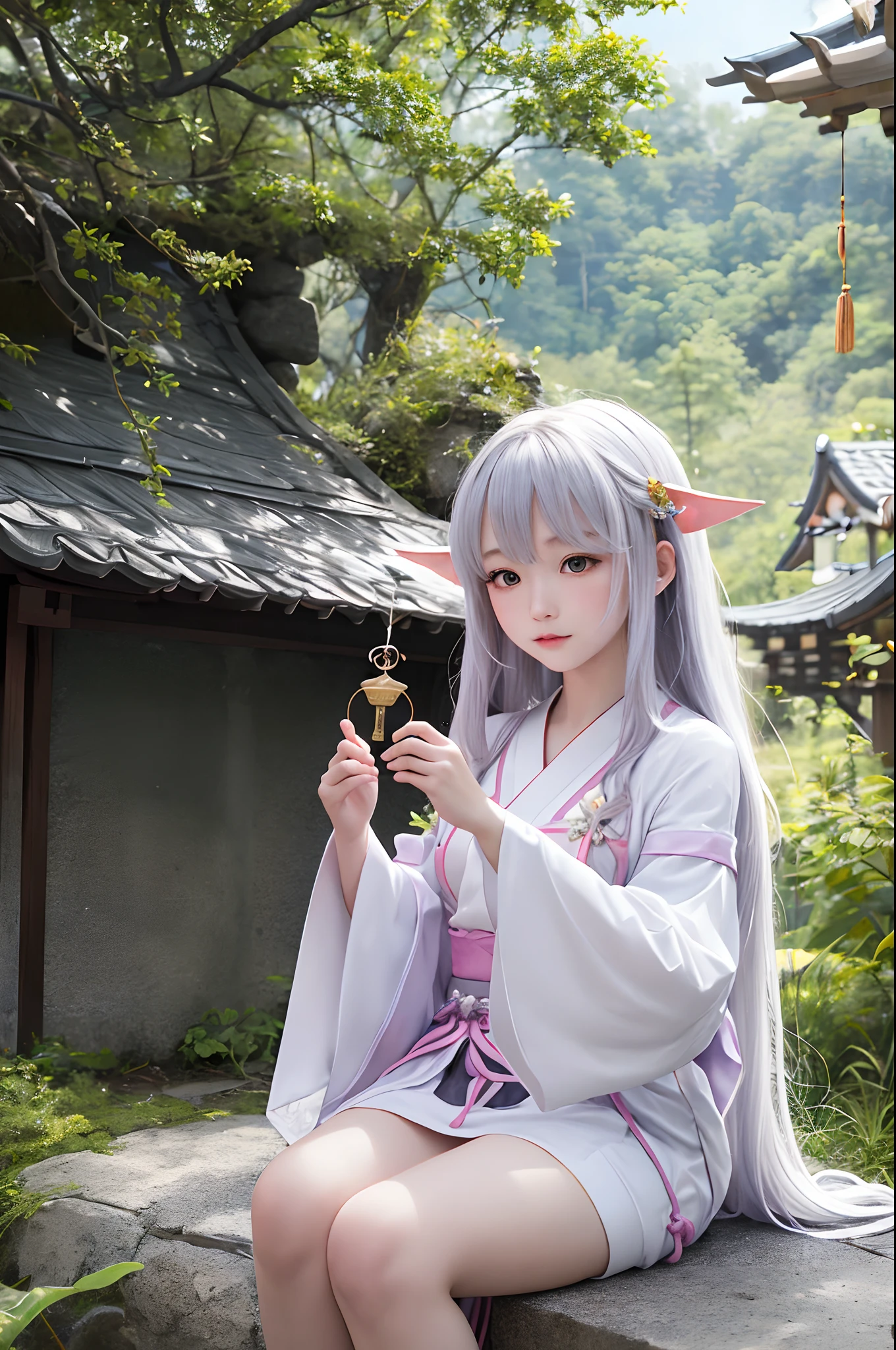 Fantastical Atmosphere, Calming Palette, Tranquil Mood, Soft Shading,
Miko priestess, charm spell, talisman familiar, shrine maiden duties,