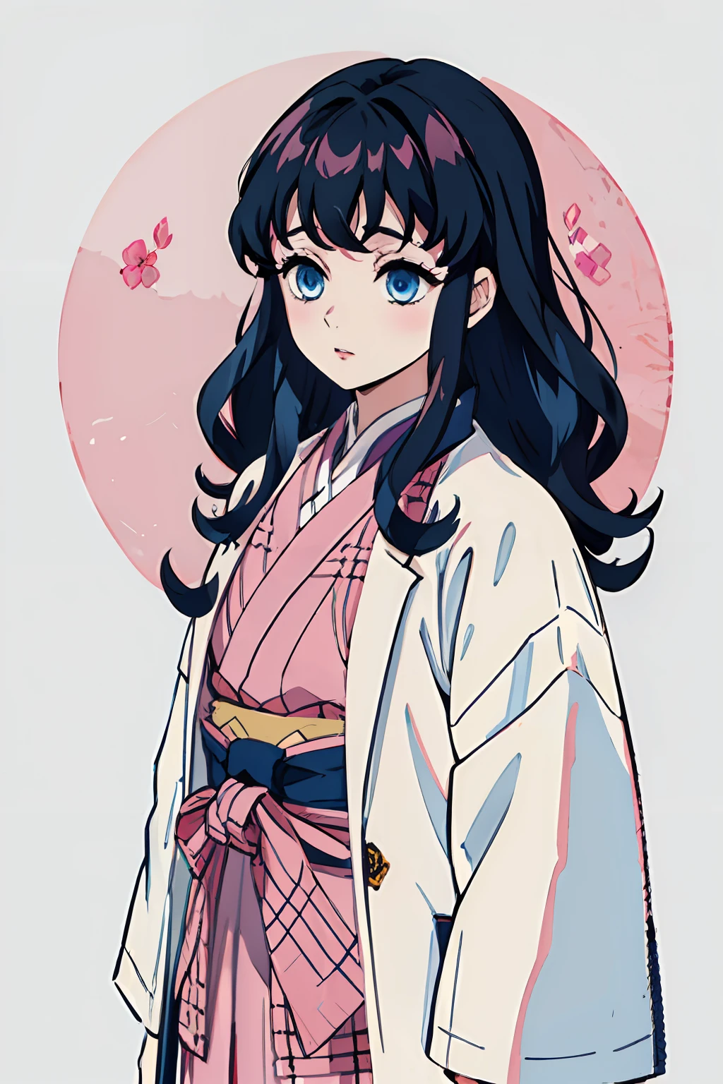 Kimetsu no Yaiba style, 1girl, Medium curly hair,  Sloppy hair, navy blue hair, Two curly strands in front, Bangs, blue eyes,  japanese clothes, ((Open white coat in a pink check)), ((pink hem at the waist)), short skirt, 独奏,  ((portraite of a)), ((Masterpiece)), (((hiquality))), (((upper-body))), Dark forest in the background, Red moon on the background, Flower hairpin in the hair