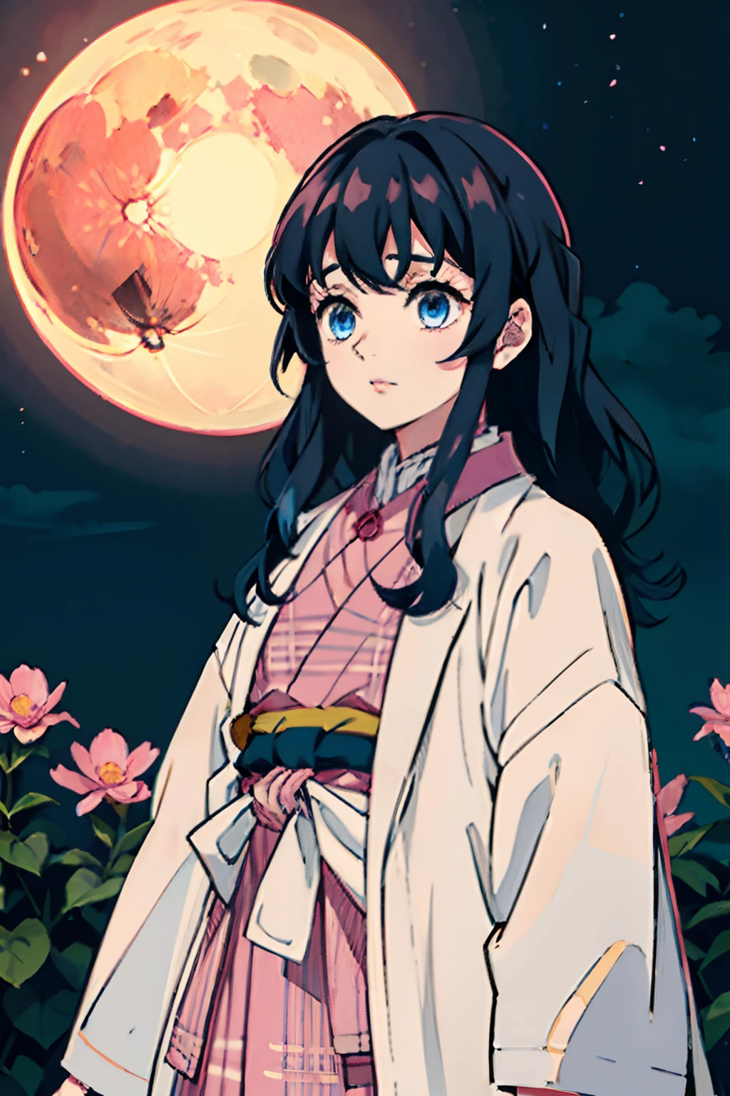 Kimetsu no Yaiba style, 1girl, Medium curly hair,  Sloppy hair, navy blue hair, Two curly strands in front, Bangs, blue eyes,  japanese clothes, ((Open white coat in a pink check)), ((pink hem at the waist)), short skirt, 独奏,  ((portraite of a)), ((Masterpiece)), (((hiquality))), (((upper-body))), Dark forest in the background, Red moon on the background, Flower hairpin in the hair