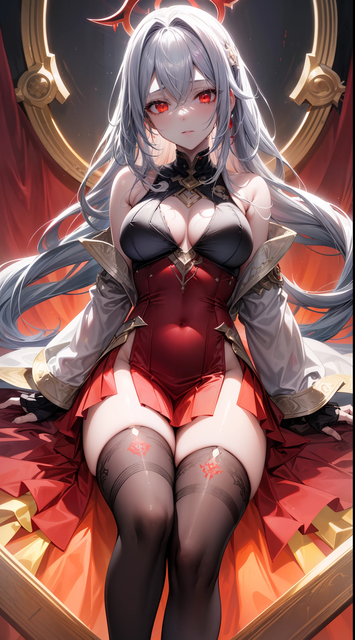 bright silver futuristic goddess girl in coverall ((bloody-red pleated skinny suit)) with (golden lines) accents (((skirt))) (((goddess robe with long sleeves))) with fireball, (crop robe), (runes on skin), epic, elite, ((lacy)), futurism, cyberpunk, silk, fur, (stockings), decollete, natural breasts, slim body, zettai ryouiki, ((((medium length hair)))), (gradient silver-hair) and red highlight streak in hair, (beautiful detailed bright ((glowing)) fire eyes), portrait, (beautiful and aesthetic:1.2, fractal art:1.4), most realistic, hyper-realistic, RAW, highest quality, best quality, Detailed, Realistic, 4k highly detailed digital art, octane render, bioluminescent, (cool_color), best pixels, 8k ultra, extremely detailed CG unity 8k wallpaper, cinematic lighting