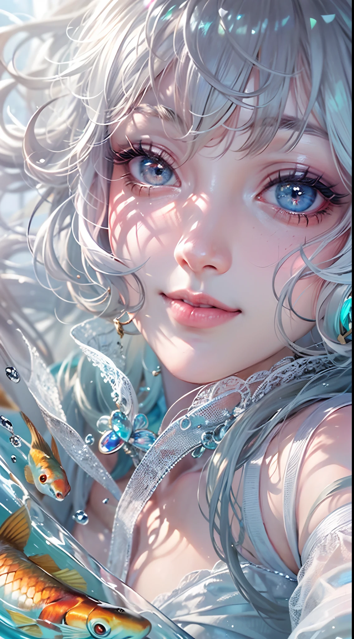Best quality, Masterpiece, (Realistic:1.2), 1 girl, Detailed face, Beautiful eyes, [(Transparent background:1.5)::5],(((Masterpiece))),(((Best quality))),(((Extremely detailed))),illustration, 1girll,Solo,mysterious,vivd colour, Shiny, Underwater transparent sealed hemispherical glass dome, (White hair),(Purple eyes), full bodyesbian, Barefoot, Long hair is calm and natural, Koi, Underwater, Dome, Close up, Dynamic actions, Lens perspective,(((Box composition))),sitting cross-legged，Leaning against the bookshelf, voluminetric lighting, multi colored eyes, Detailed eyes, ultra - detailed, Light smile, Highly detailed, Beautiful, small detailed, Ultra detailed, Best quality, Intricate, 4K, 8K, trending on art station, Good anatomy, Beautiful lighting, Award-winning,