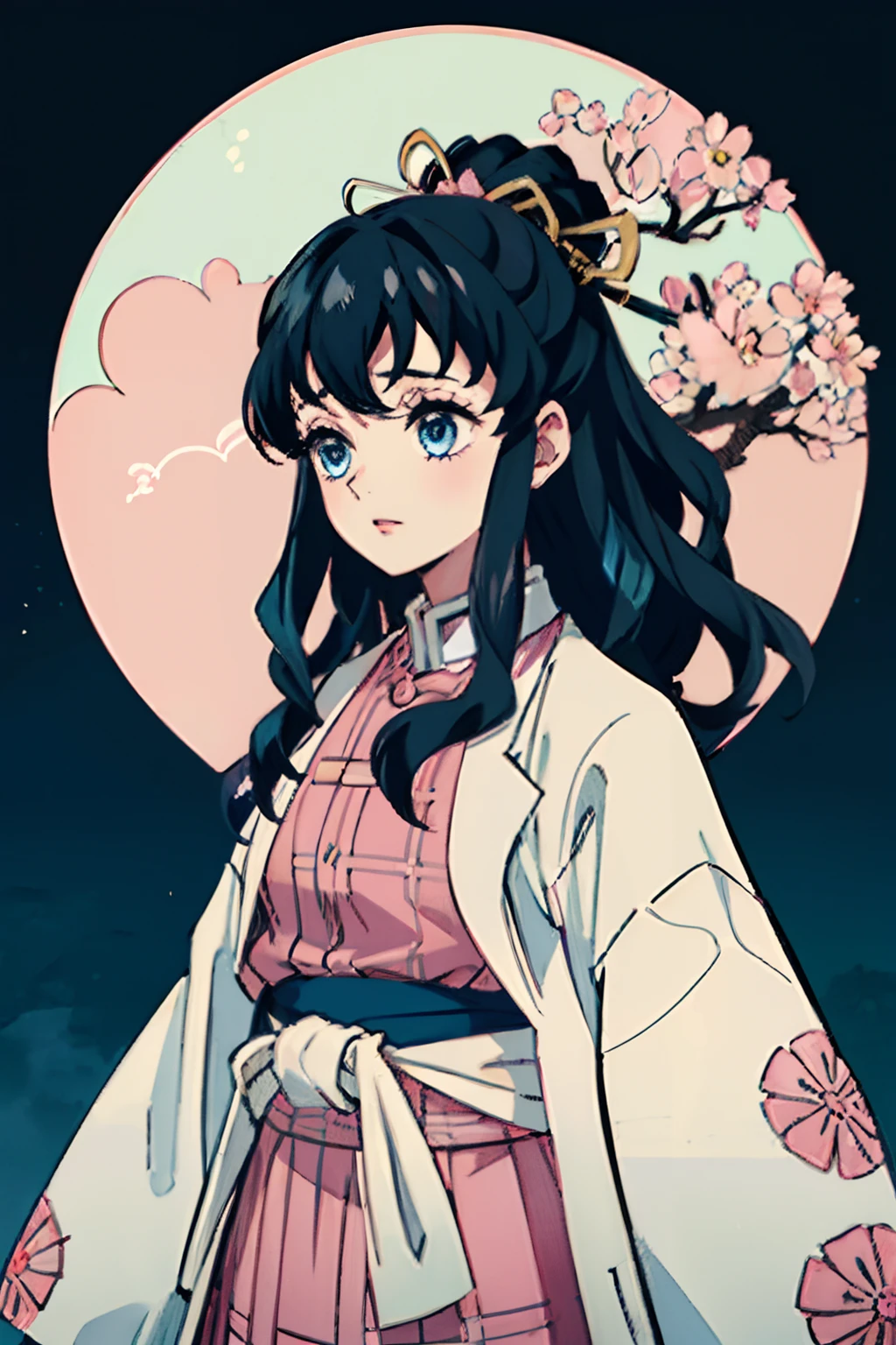 Kimetsu no Yaiba style, 1girl, Medium curly hair,  Sloppy hair, navy blue hair, Two curly strands in front, Bangs, blue eyes,  japanese clothes, ((Open white coat in a pink check)), ((pink hem at the waist)), short skirt, 独奏,  ((portraite of a)), ((Masterpiece)), (((hiquality))), (((upper-body))), Dark forest in the background, Red moon on the background, Flower hairpin in the hair