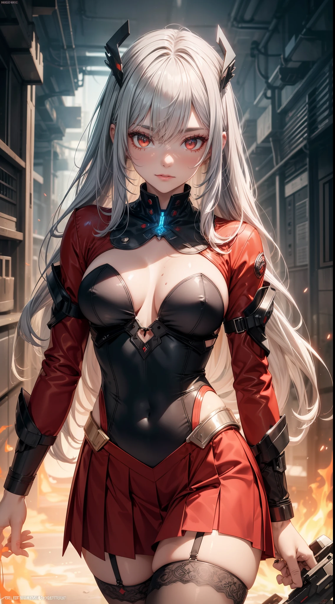 bright silver futuristic goddess girl in coverall ((bloody-red pleated skinny suit)) with (golden lines) accents (((skirt))) (((goddess robe with long sleeves))) with fireball, (crop robe), (runes on skin), epic, elite, ((lacy)), futurism, cyberpunk, silk, fur, (stockings), decollete, natural breasts, slim body, zettai ryouiki, ((((medium length hair)))), (gradient silver-hair) and red highlight streak in hair, (beautiful detailed bright ((glowing)) fire eyes), portrait, (beautiful and aesthetic:1.2, fractal art:1.4), most realistic, hyper-realistic, RAW, highest quality, best quality, Detailed, Realistic, 4k highly detailed digital art, octane render, bioluminescent, (cool_color), best pixels, 8k ultra, extremely detailed CG unity 8k wallpaper, cinematic lighting