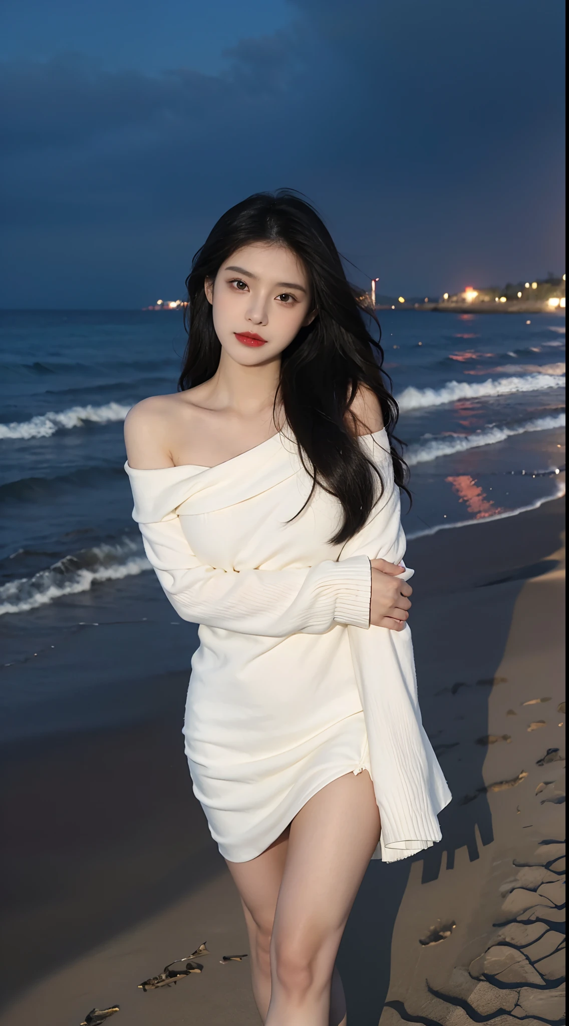 facing at camera,Face the viewer,standing on your feet,High picture quality,Works of masters,Kizi,Black hair,Long hair shawl,Long hair flowing over the shoulders,cropped shoulders,鎖骨,exquisite face,Hydrated red lips,white off shoulder dress clothes,鎖骨,facing at camera,A sad expression,Bust,Real Persono,(the sea,sandbeach),CG rendering,16k,Stand up,The night view was beautiful,A sad parting,hyper HD,The details were perfect,The picture is real,Extreme picture quality,Highest accuracy,8K resolution,Shades of darkness,8K, yes ,Ultra HD,8K