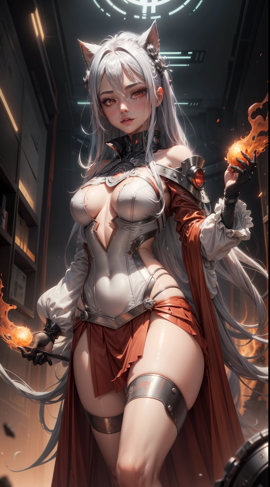 bright silver futuristic goddess girl in coverall ((bloody-red pleated skinny suit)) with (golden lines) accents (((skirt))) (((goddess robe with long sleeves))) with fireball, (crop robe), (runes on skin), epic, elite, ((lacy)), futurism, cyberpunk, silk, fur, (stockings), decollete, natural breasts, slim body, zettai ryouiki, ((((medium length hair)))), (gradient silver-hair) and red highlight streak in hair, (beautiful detailed bright ((glowing)) fire eyes), portrait, (beautiful and aesthetic:1.2, fractal art:1.4), most realistic, hyper-realistic, RAW, highest quality, best quality, Detailed, Realistic, 4k highly detailed digital art, octane render, bioluminescent, (cool_color), best pixels, 8k ultra, extremely detailed CG unity 8k wallpaper, cinematic lighting