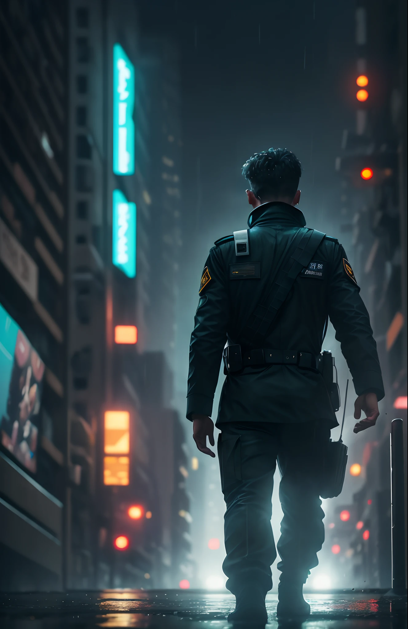 A pilot wearing a black uniform walking on a rainy night down a dirty, foggy, futuristic Blade Runner-style street, large buildings, big screens, hyper quality, Ultra HD, 1920 x 1080 px --auto --s2