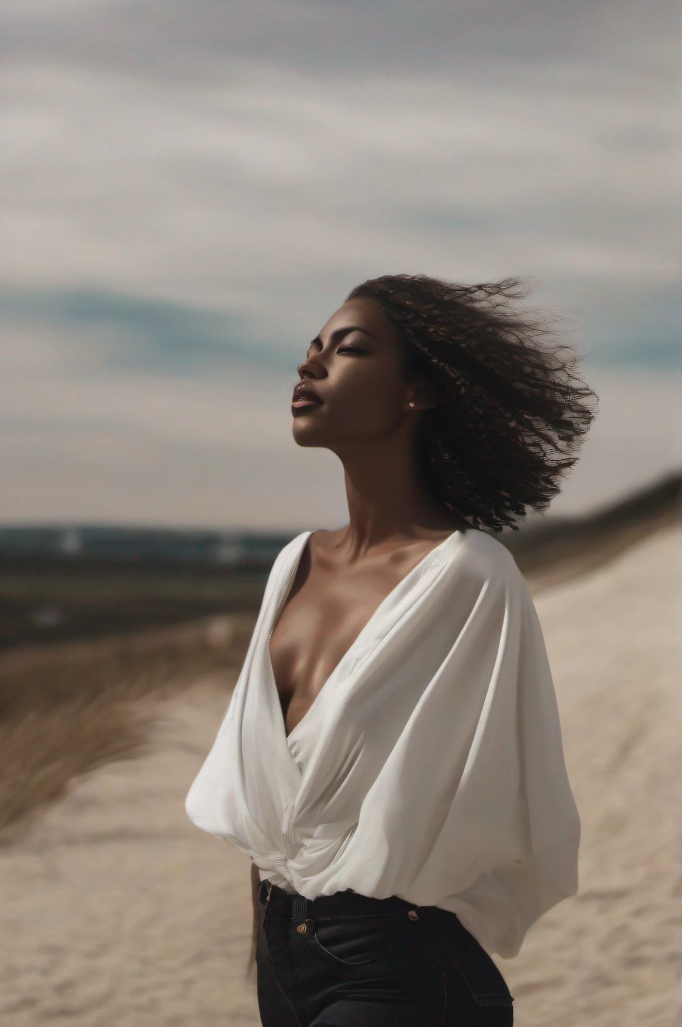 mulher negra com olhar penetrante olhando para frente; 8k; cinematografic; detalhes intrincados; straight hair fluttering in the wind; seios grandes que podem ser visto pelo decote; walks with her head held high.