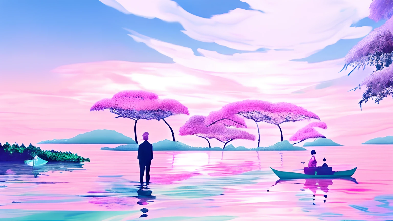 There is a painting on the lake,Men and women on boats on the lake, pink landscape, bubbly scenery, vaporwave surreal ocean, in a surreal dream landscape, ethereal landscape, Dreamy landscape, vaporwave wallpaper environment, surreal dream landscape, a surreal dream landscape, vaporwave ocean, surreal dreamscape, forest pink fog planet, vaporwave sunrise background, dreamy scenes