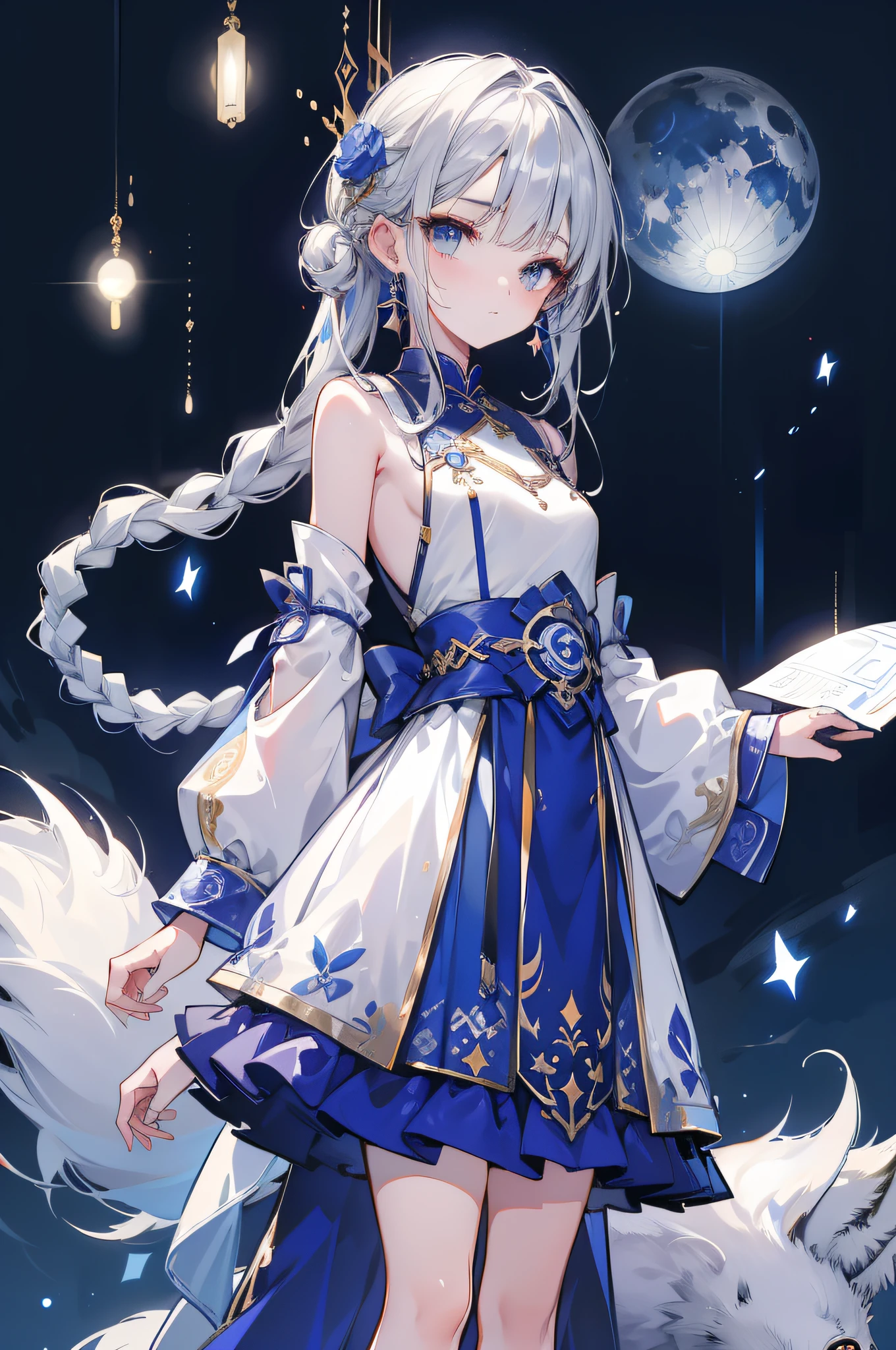 hyper HD、Best quality、slender figures、Pretty face、Eyes have light、brunette color hair、Gently drape at the back、Braided into simple braids、A hair ornament in the shape of a small moon, (Silver or blue cheongsam, Small pattern of stars and moon), Quality illustrations, Collectible works, Chiaroscuro, highres, 1080P, UHD