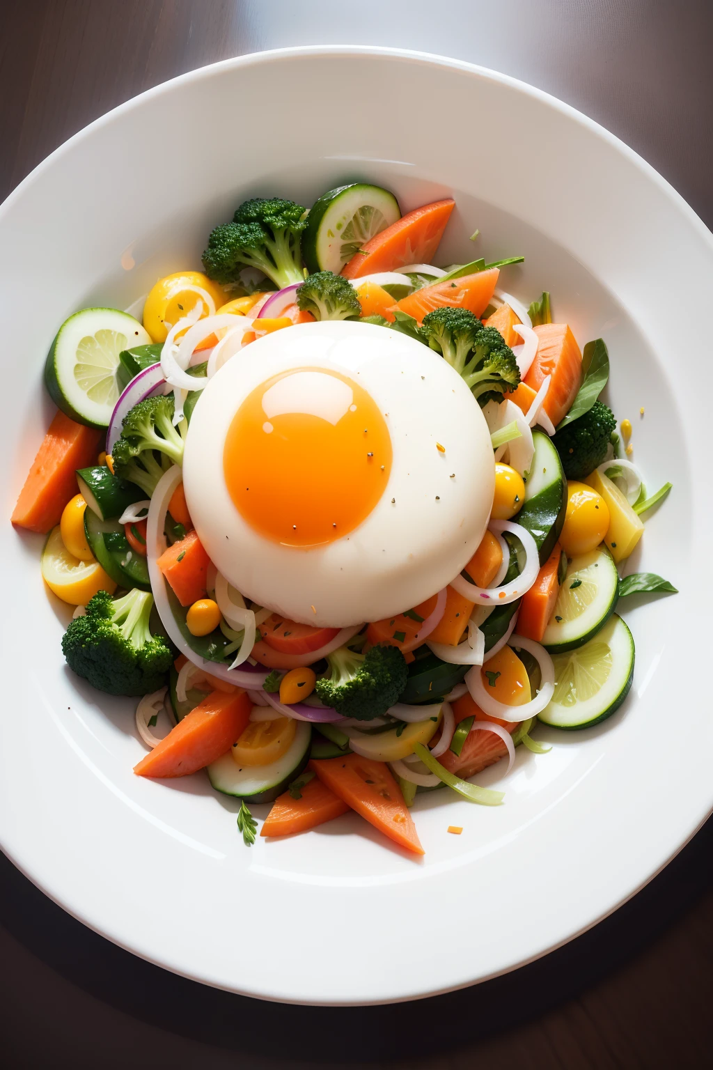 A plate of delicious vegetable salad,1:1. Composition,Simple plating,Light food、1 serving、food photography,90° top view、Top shot,Hard-boiled eggs cut in half、Emerald broccoli、Thin sliced cucumber、Thinly sliced onions、Thinly sliced carrots,Blue striped round plate on white background、Simple、flat style、an advertising poster、white backgrounid、Professional-grade color grading,EOS-1DXMark II、500px、Behance、16k