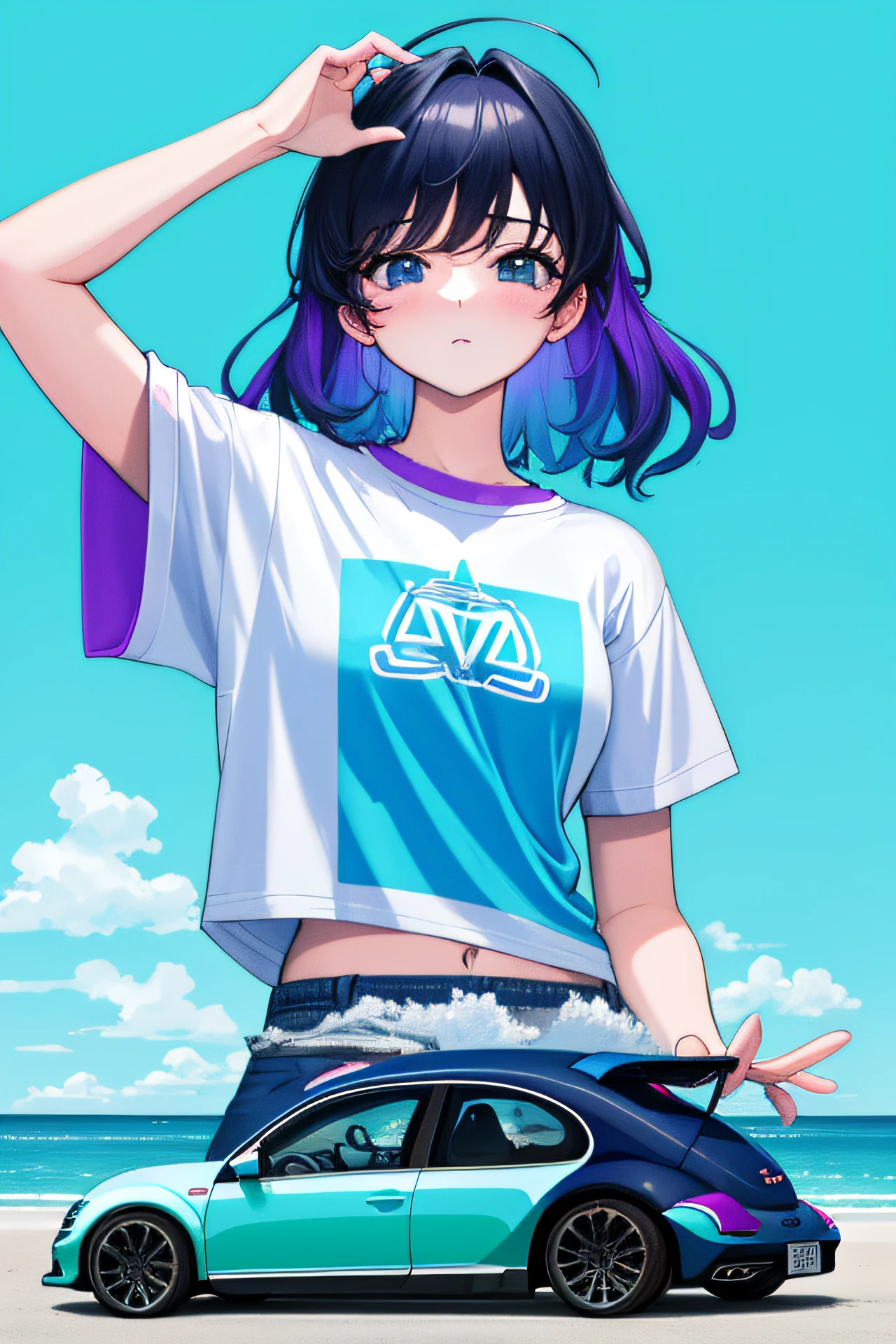 design for tshirt, vaporwave style, Aesthetic, Chilling, sad, lofi style, ultra - detailed, Fundo, The landscape, highly  detailed, 8K, HD, Volkswagen Beetle stands facing light blue.