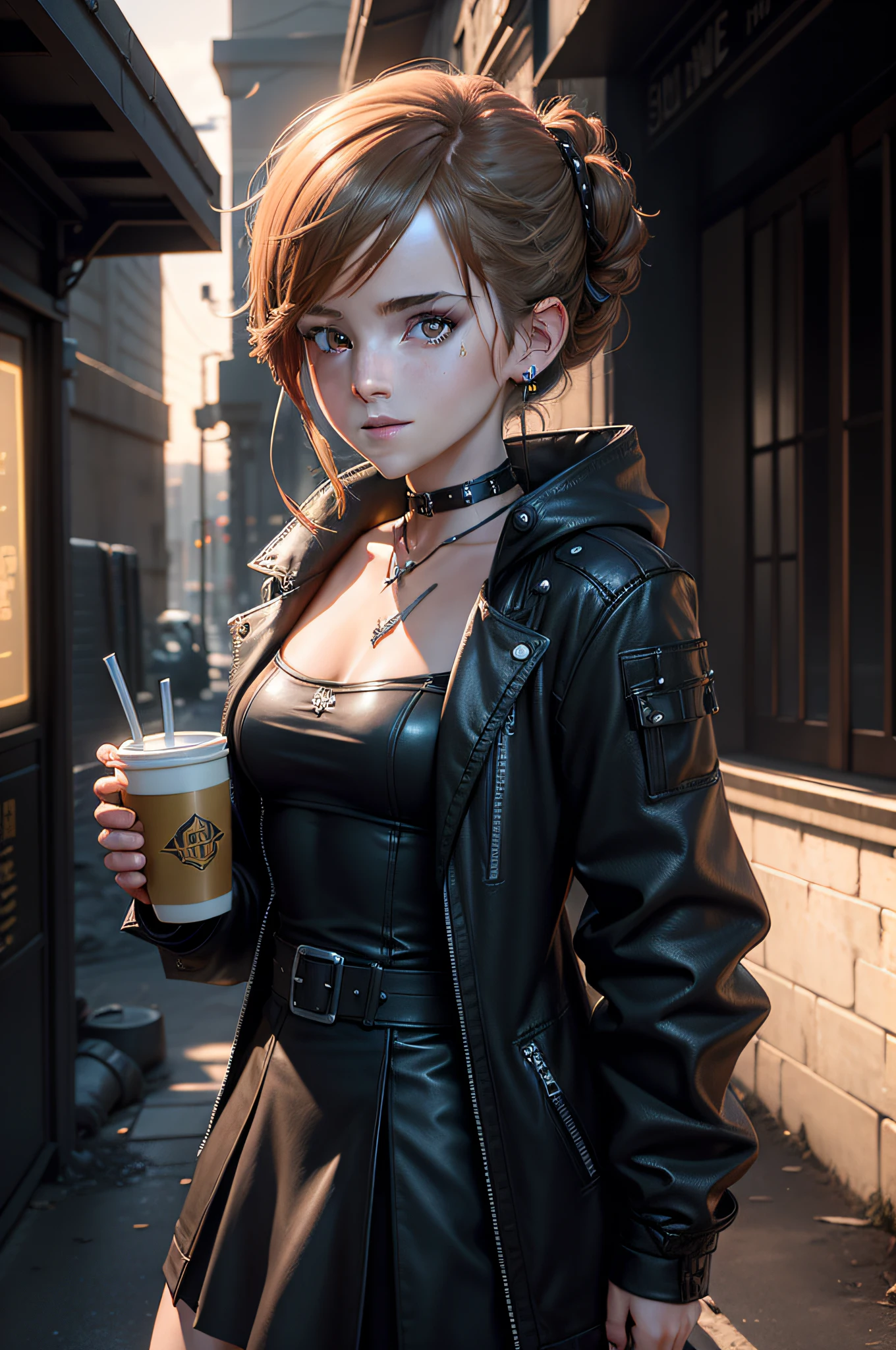 render from Square-Enix-Luminous-Engine, Emma Watson Drinking Coffee, Cyberpunk, steel buckle choker, steel spike choker, Mako Reactor Scene, Slightly Smiling, scene from jrpg characters, stylized textures shading lighting, adventure bravery journey, 8k HD masterwork Unreal Engine, detailed faces