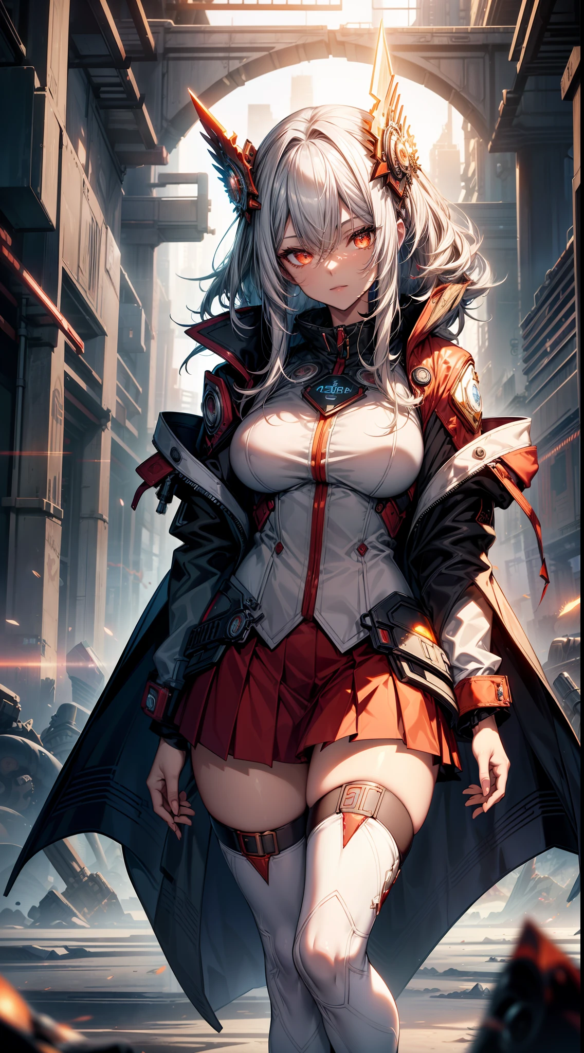 bright silver futuristic goddess girl in coverall ((bloody-red pleated skinny suit)) with (golden lines) accents (((skirt))) (((goddess robe with long sleeves))) with fireball, (crop robe), (runes on skin), epic, elite, ((lacy)), futurism, cyberpunk, silk, fur, (stockings), decollete, natural breasts, slim body, zettai ryouiki, ((((medium length hair)))), (gradient silver-hair) and red highlight streak in hair, (beautiful detailed bright ((glowing)) flaming fire eyes), portrait, (beautiful and aesthetic:1.2, fractal art:1.4), most realistic, hyper-realistic, RAW, highest quality, best quality, Detailed, Realistic, 4k highly detailed digital art, octane render, bioluminescent, (cool_color), best pixels, 8k ultra, extremely detailed CG unity 8k wallpaper, cinematic lighting