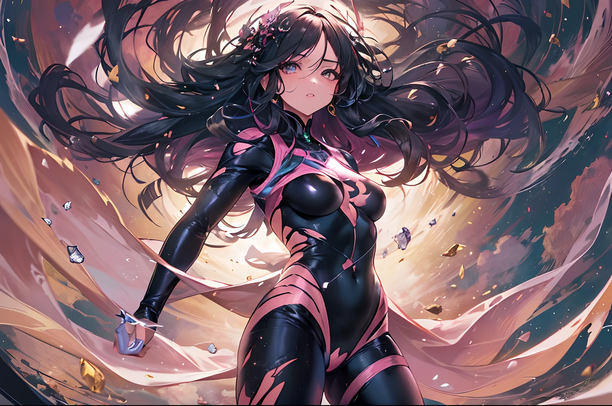 (((Masterpiece))), absurdres, illustation, ultra detailed, (1girl:1.3), golden ratio, panorama, full body, super dynamic image, super beautiful and vibrant colors, girl with a battle look, super beautiful girl with super beautiful hair and super beautiful shiny eyes with beautiful patterns, perfect body, very delicate and sexy body, space between legs, wearing a super tight torn black body suit, and pink gloves and pink boots over the black body suit, sorrounded by beautiful rings of powers generated by her with her hair going up because of the wind generated by her powers and the ground getting destroyed with pieces of the same ground flying around, super detailed scenery
