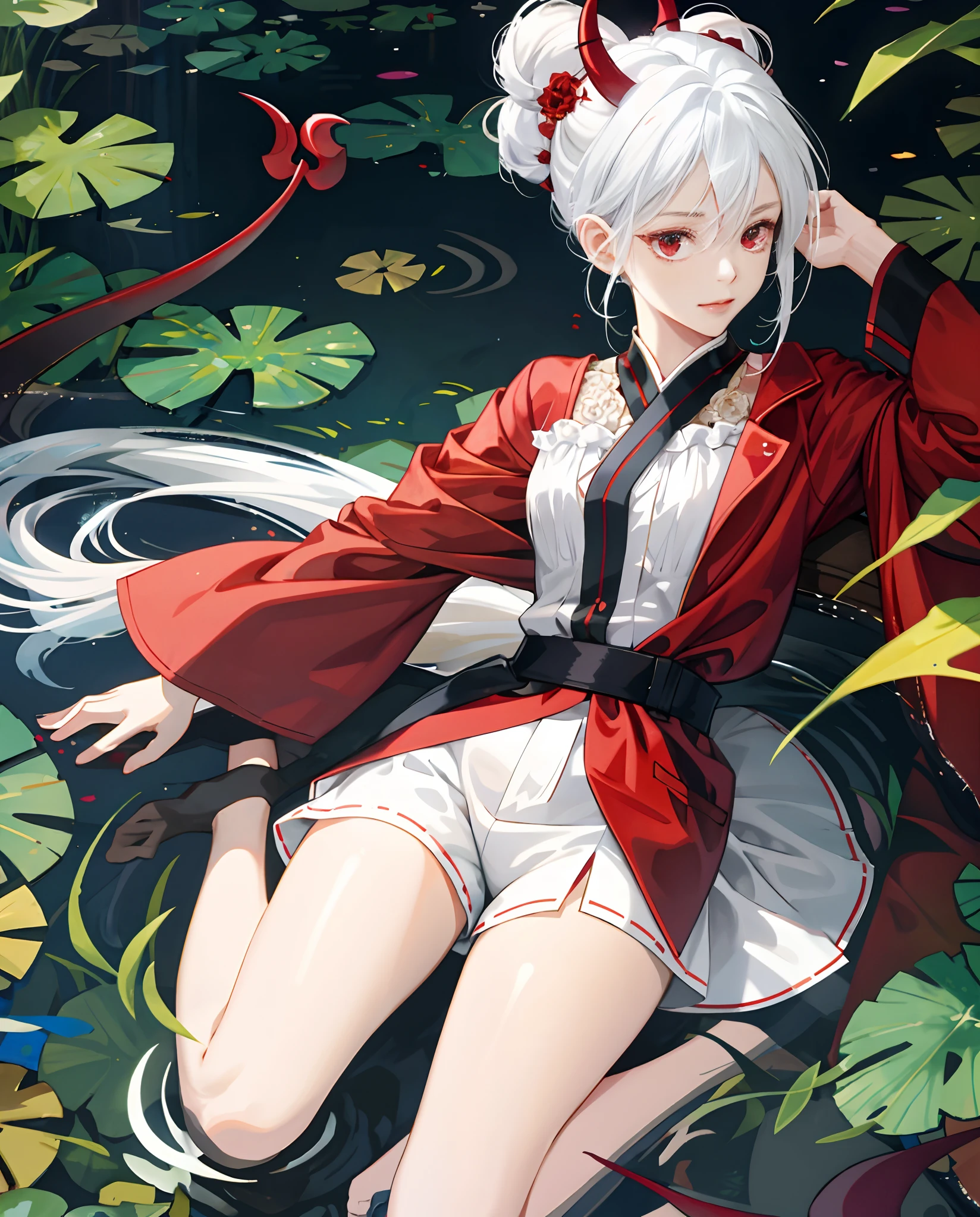 Superb masterpiece, Hair up, Fair skin, pajamas, White hair, Girl, Red eyes, Thigh clothing, coalescence, Super clear, face retouch, Pond background, Little Devil's Tail, Look at the audience shyly