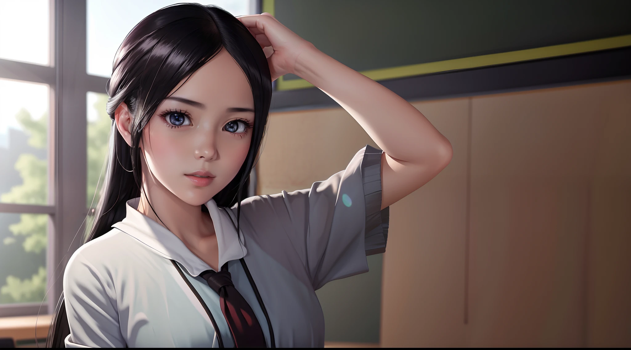 focused upper body, 1 girl, kaguya shinomiya, big bust, sparkling eyes, (((classroom background))), Colorful beautiful girl: black hair, nice perfect face with soft skinice perfect face, intricate detail, splash screen, 8k resolution, masterpiece, artstation digital painting smooth, 8k resolution photorealistic masterpiece, professional photography, natural lighting, volumetric lighting maximalist photoillustration: by marton bobzert