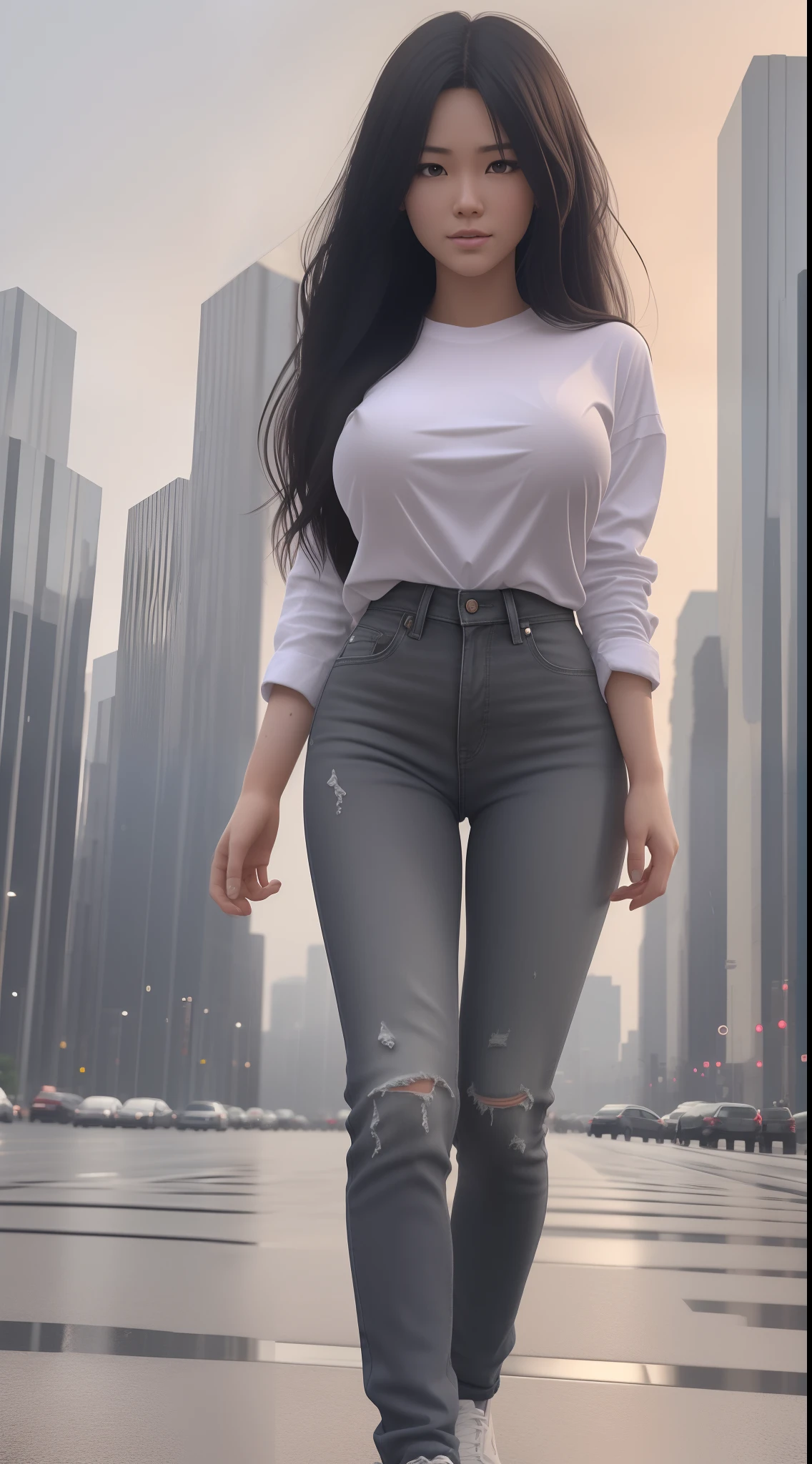 (8K), (High Quality), (Ultra realistic), (High Details), (Face detail), (Shadow Detail), ((25 years old)), 1 japanese adult, Black hair, Very long hair, (((Gigantic huge breast : 1.9))), (Big butt), white shirt , grey jeans, tall body, black shoes, outdoor, stand, midnight, night, darkness, low lighting, rainy, rain, real rain, full body, look at the viewers