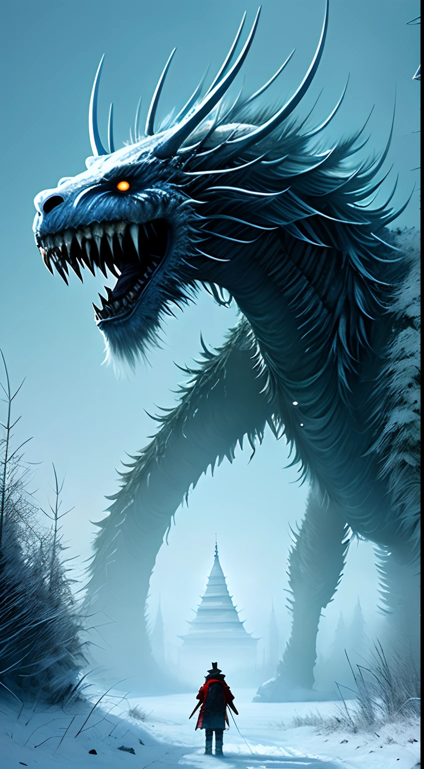 (Extreme close-up) photore (Scared:1.1) (snowfield:0.9), (tall grass:1.2), (A giant old dead alien beast:1.2), There is no light in the eyes,Silver light reflection,Falling snow, icing,(Pagodas, 12th century, 1.2),rays of sunshine, insanely details, Cinematic, epic realistic, Intricate details, ultra - detailed, High quality, primitive, author:Jakub Rozalski