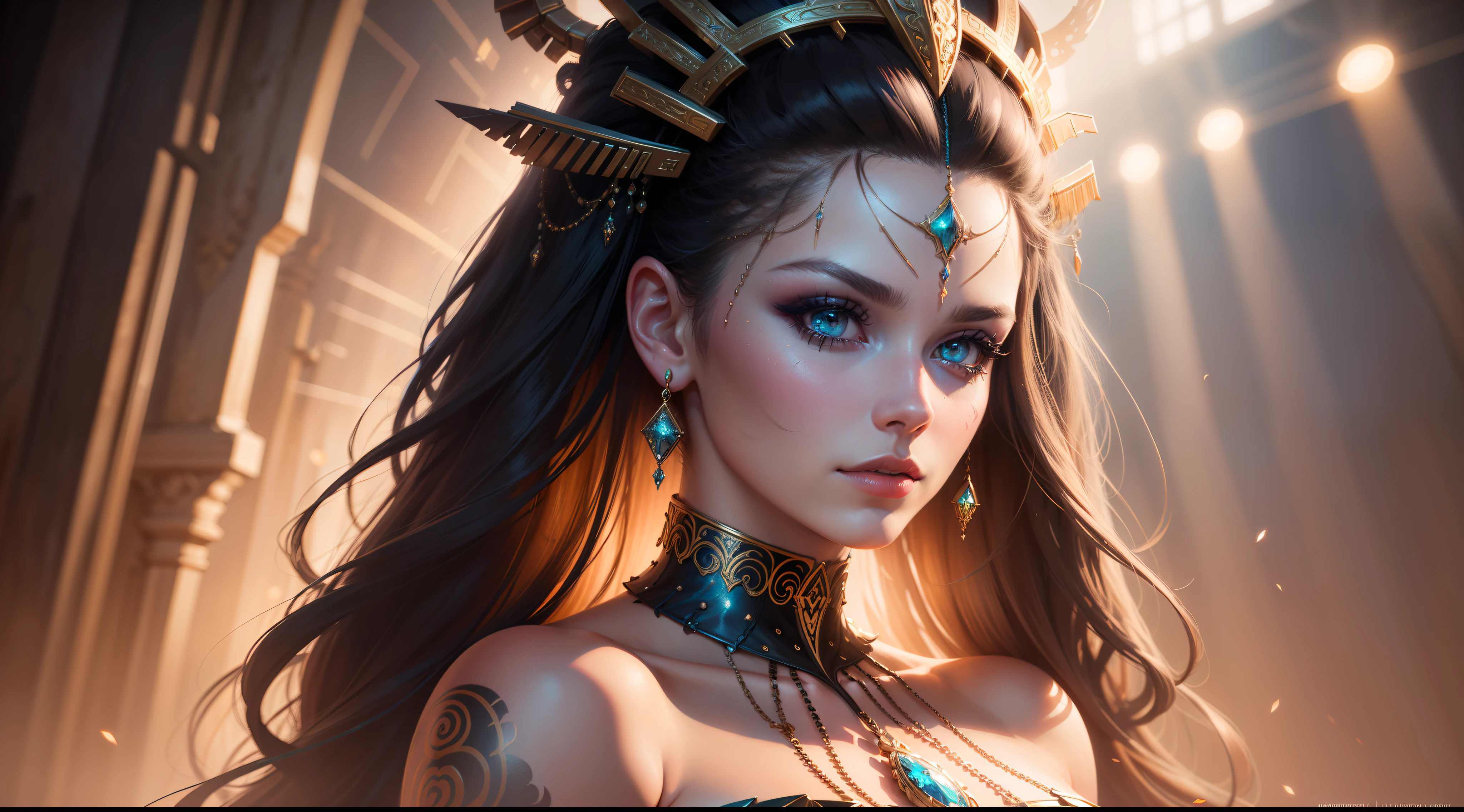 (swpunk style:1) synthwave portrait of a woman as a beautiful goddess, light rays, light bands, lightgeo, beautiful intricate filegrid facepaint, intricate, elegant, highly detailed, digital painting, concept art, haute couture, highly detailed, ornate, vogue, smooth, sharp focus, cohesive, 8K HD