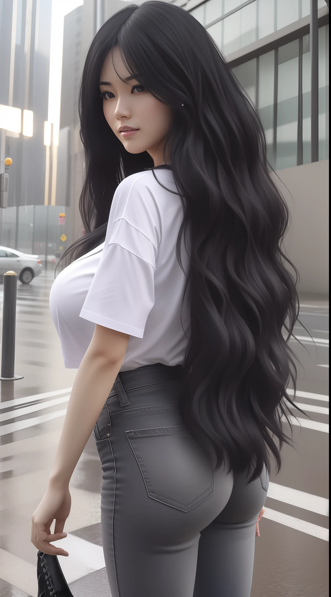 (8K), (High Quality), (Ultra realistic), (High Details), (Face detail), (Shadow Detail), ((25 years old)), 1 japanese adult, Black hair, Very long hair, (((Gigantic huge breast : 1.9))), (Big butt), white shirt , grey jeans, tall body, black shoes, outdoor, stand, midnight, night, darkness, low lighting, rainy, rain, real rain, full body, look at the viewers