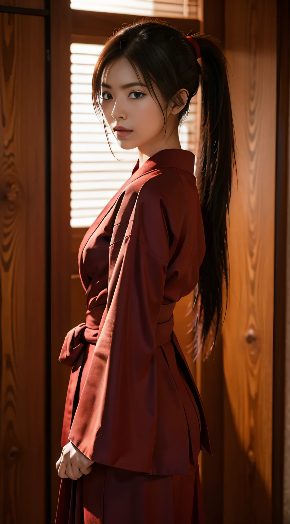 (masterpiece, best quality:1.2), solo, 1girl, erza scarlet, serious, looking at viewer, holding, katanaonehand, hair over one eye, ponytail, japanese clothes, sarashi, red hakama