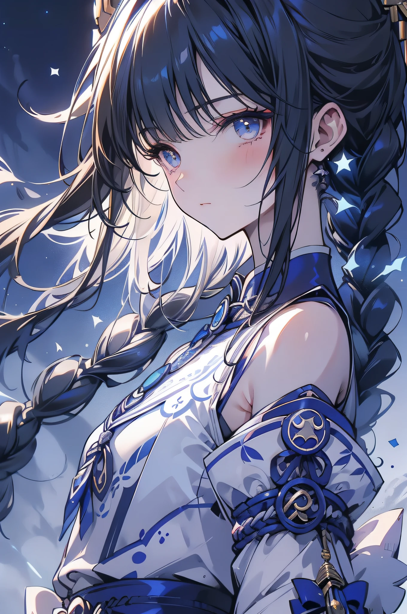 hyper HD、Best quality、slender figures、Pretty face、Eyes have light、brunette color hair、Gently drape over the back、Braided into simple braids、A hair ornament in the shape of a small moon, (Silver or blue cheongsam, Small pattern of stars and moon), Quality illustrations, Collectible works, Chiaroscuro, A high resolution, 1080p, hyper HD