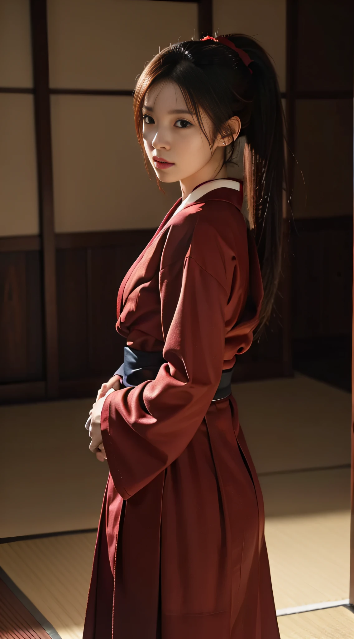 (masterpiece, best quality:1.2), solo, 1girl, erza scarlet, serious, looking at viewer, holding, katanaonehand, hair over one eye, ponytail, japanese clothes, sarashi, red hakama